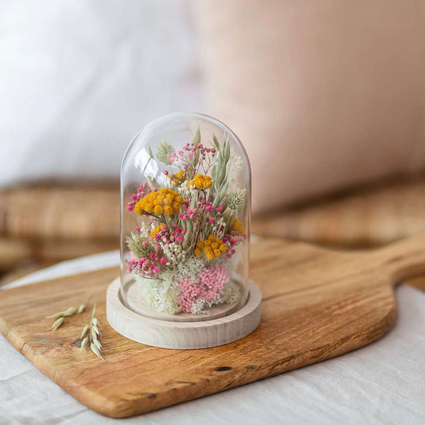 Flowrette Côme cloche en verre fleurs séchées rose jaune