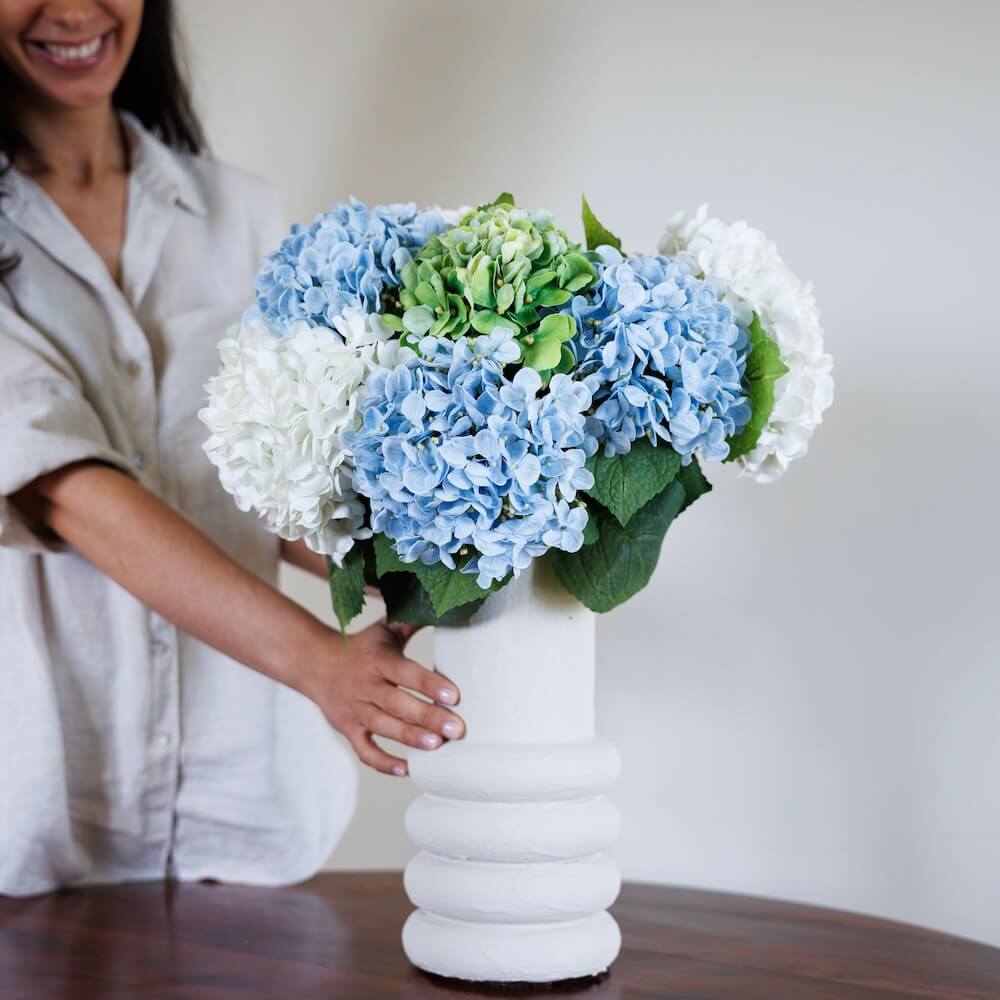 Flowrette hortensias bouquet fleurs artificielles bleu vert blanc
