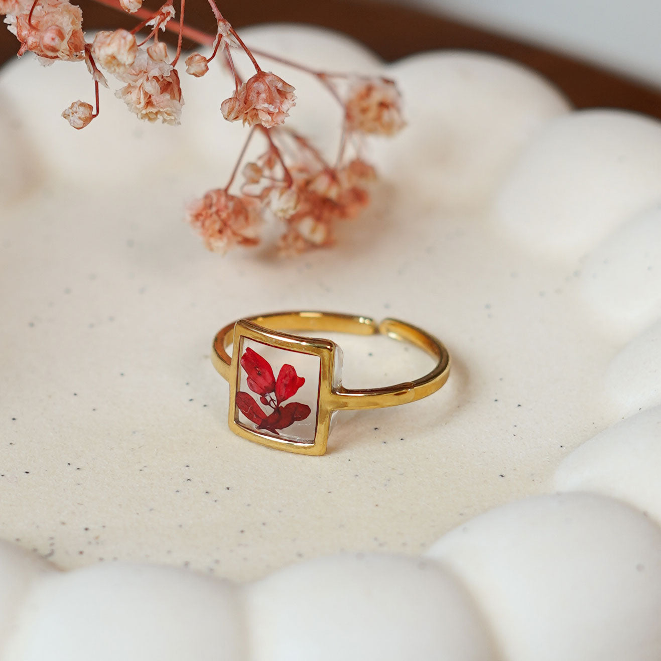 Flowrette Bijoux Bague Capucine fleur rouge résine