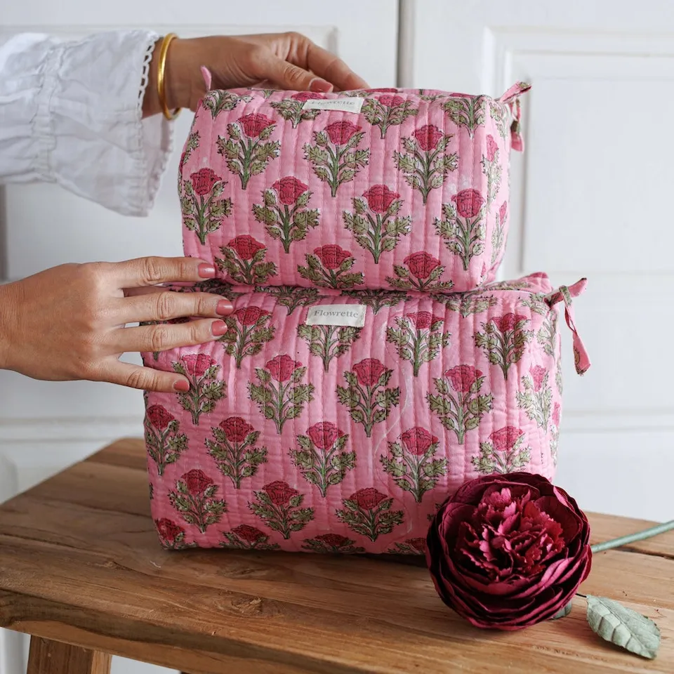 Flowrette Kanpur trousse toilette coton jaune block print