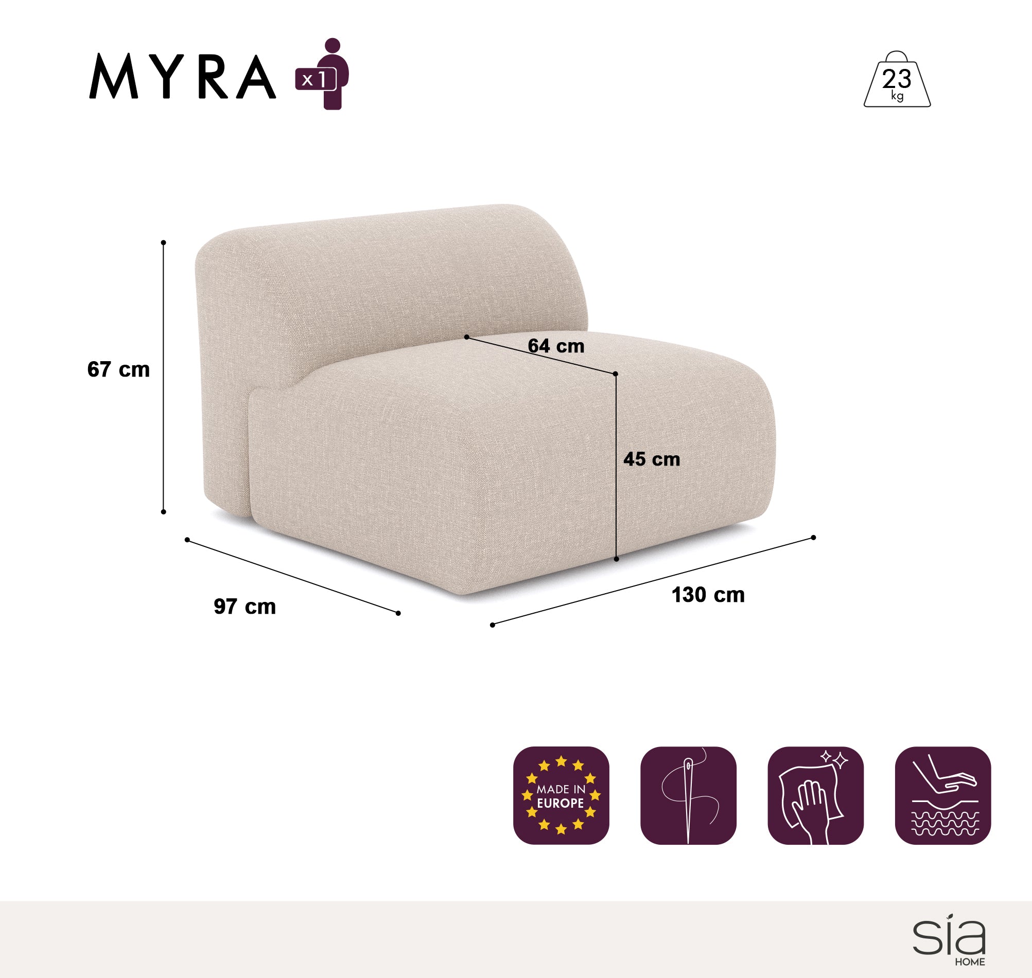 Sia Home Myra fauteuil sans accoudoirs crème