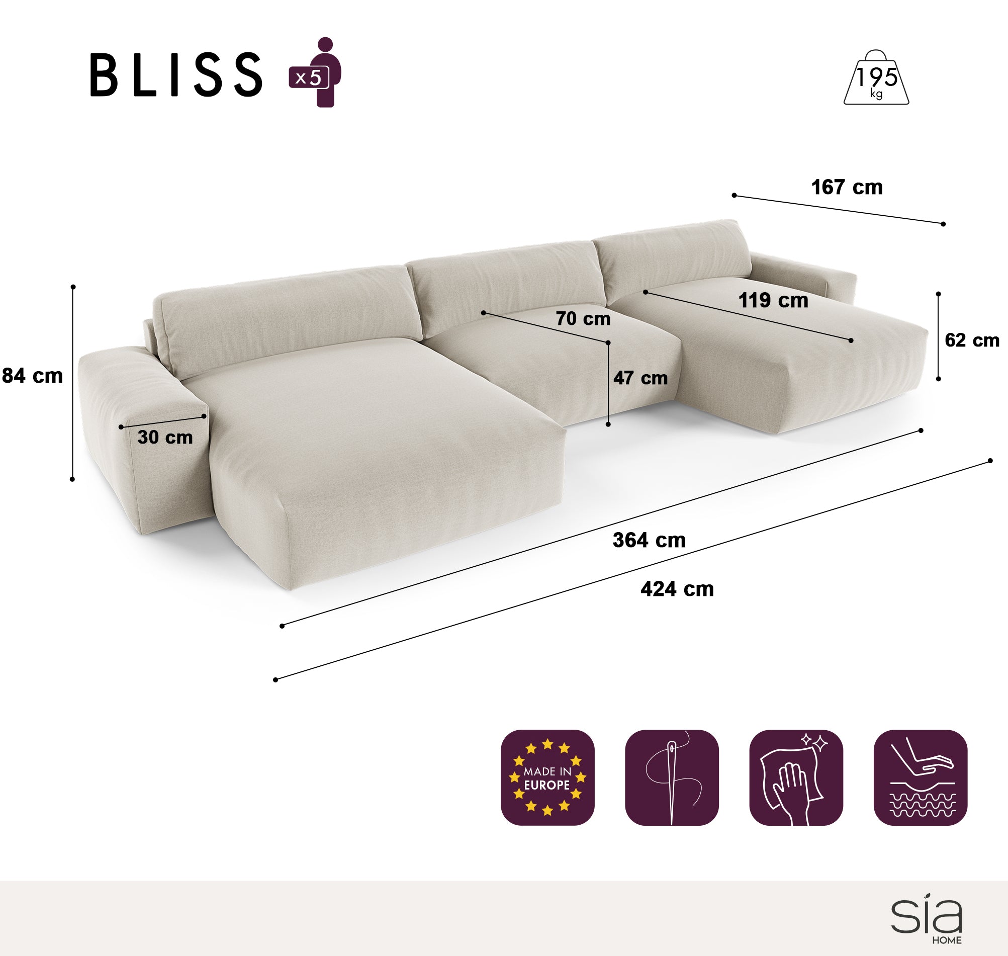 Sia Home Bliss Panoramique canapé beige 5 places