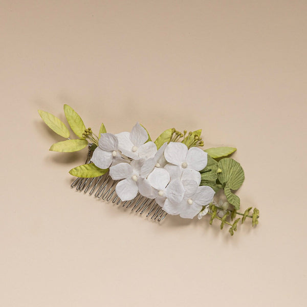Flowrette Bijoux peigne fleurs papier blanc vert mariage