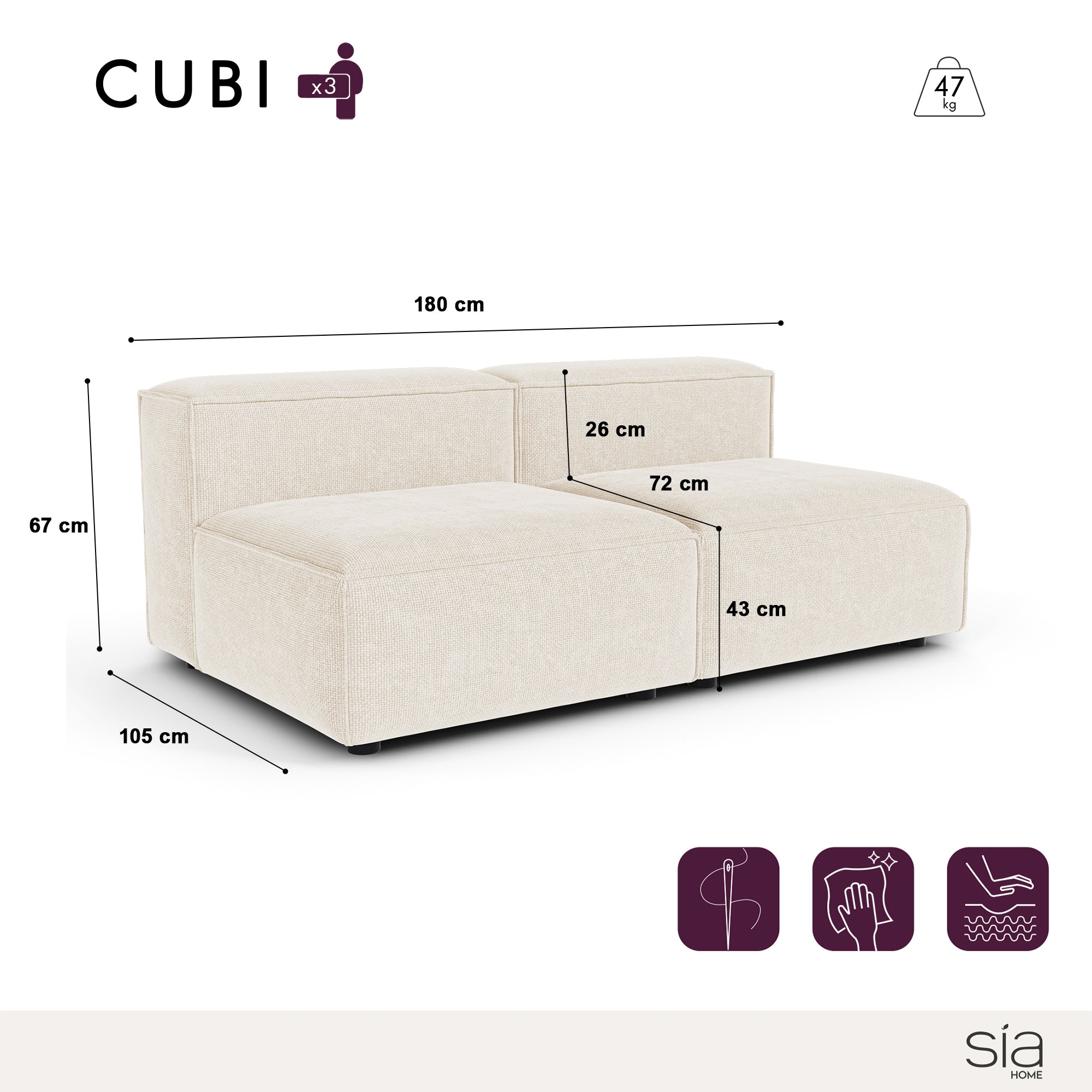 Sia Home Cubi canapé modulable 180 cm mousse ressorts