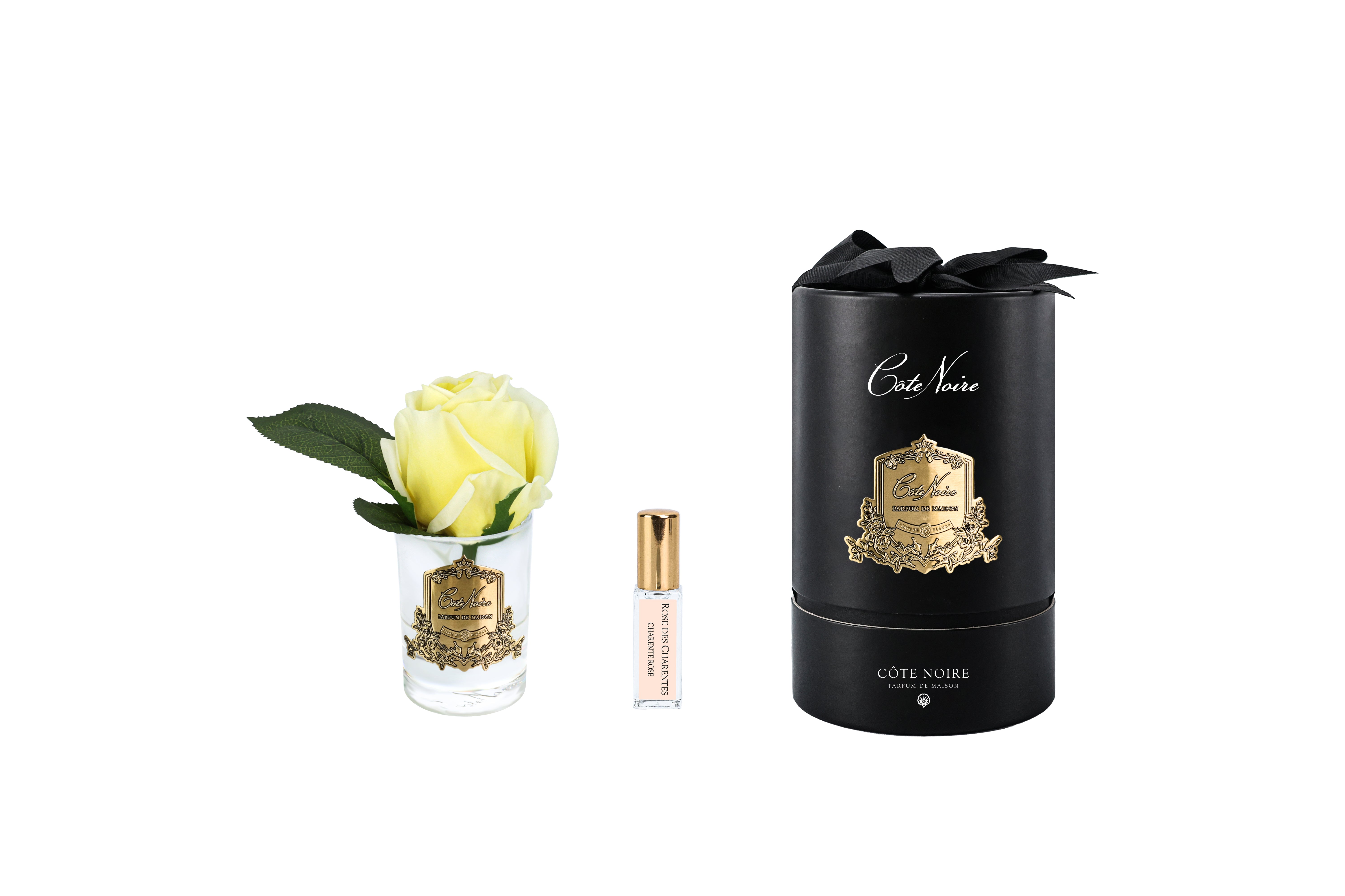 Côte Noire Perfumed RMR48 rose artificielle jaune vase transparent