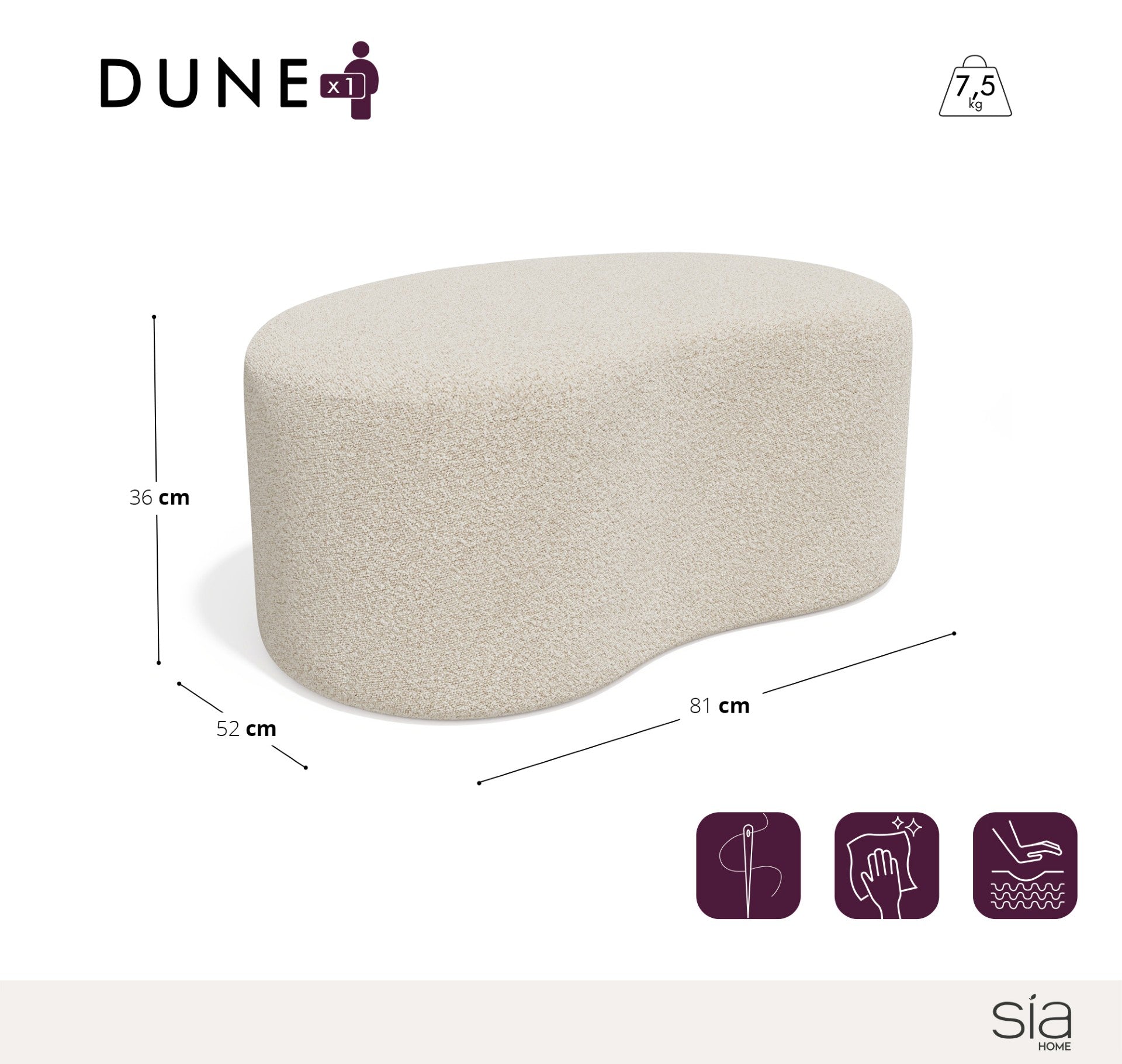 Sia Poufs Dune pouf crème 80 cm tissu