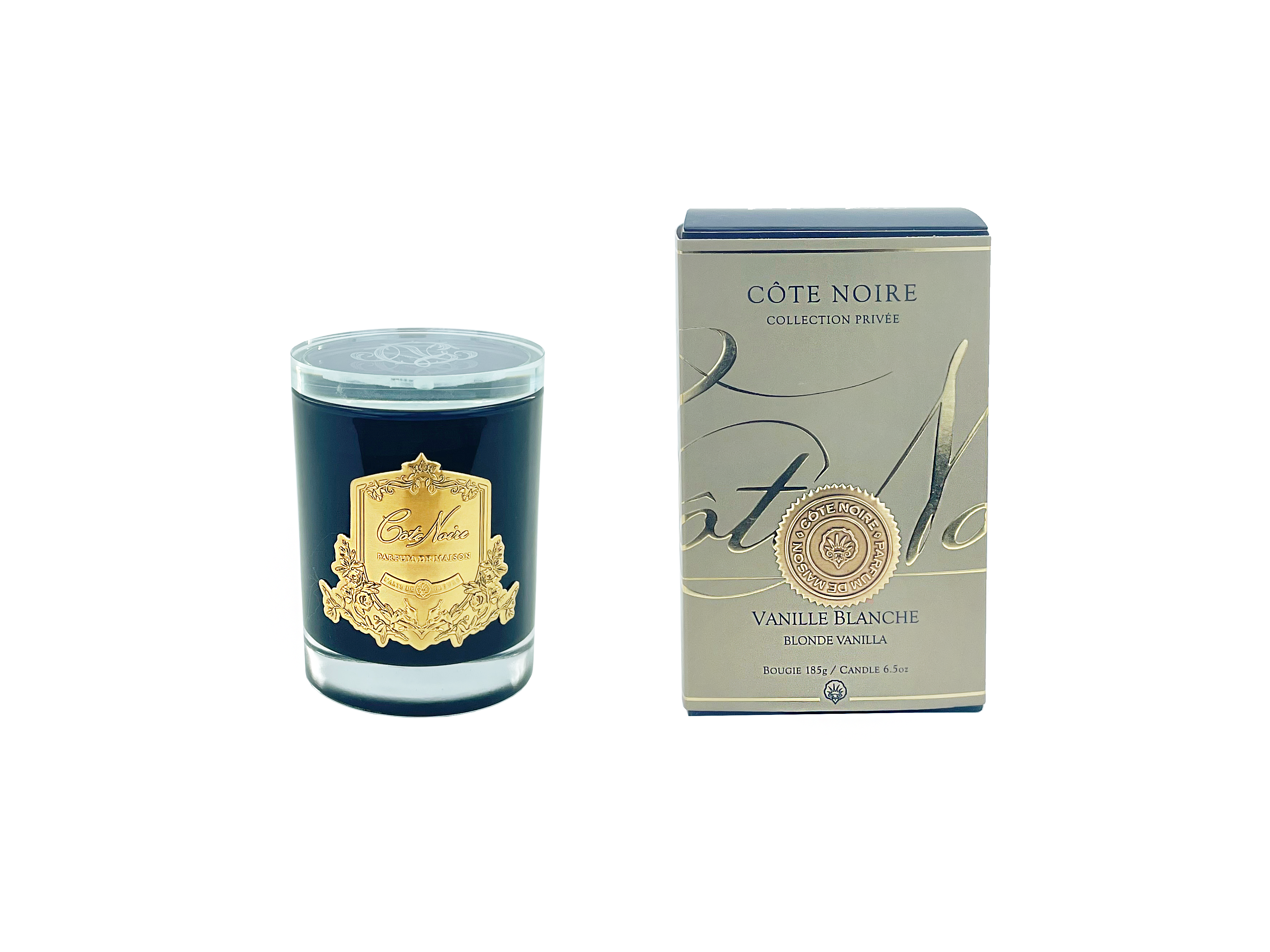 Côte Noire bougie vanille blanche soja 450g verre noir