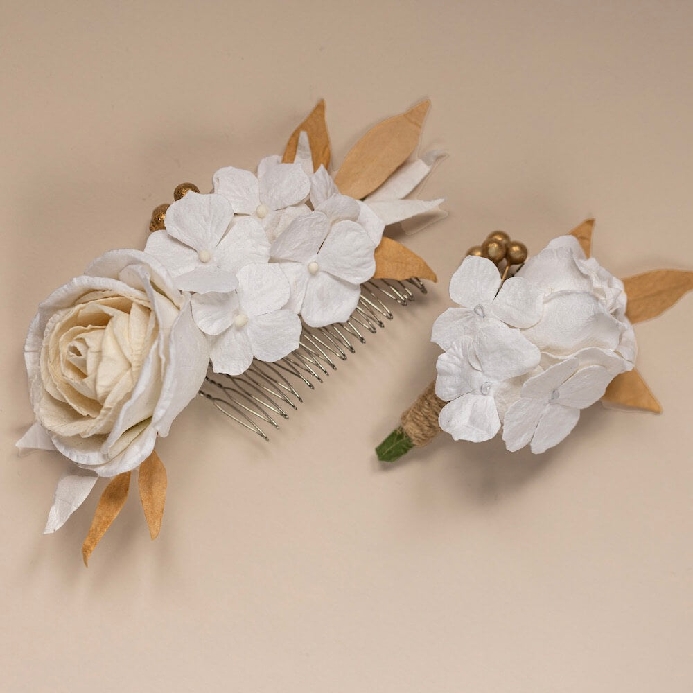 Flowrette Bijoux boutonnière papier blanc doré mariage hortensia