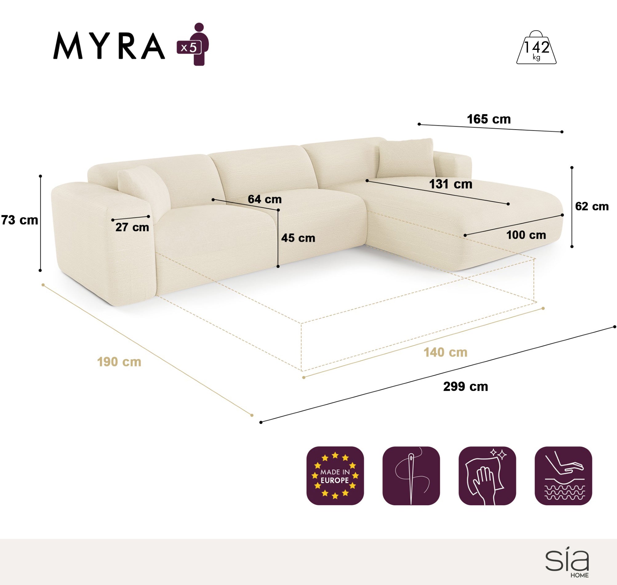 Sia Myra canapé convertible angle droit beige 5 places