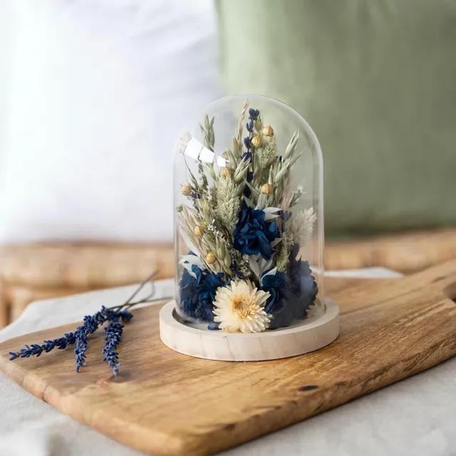 Flowrette Fleurs Séchées Cloche Léon compo bleu nuit