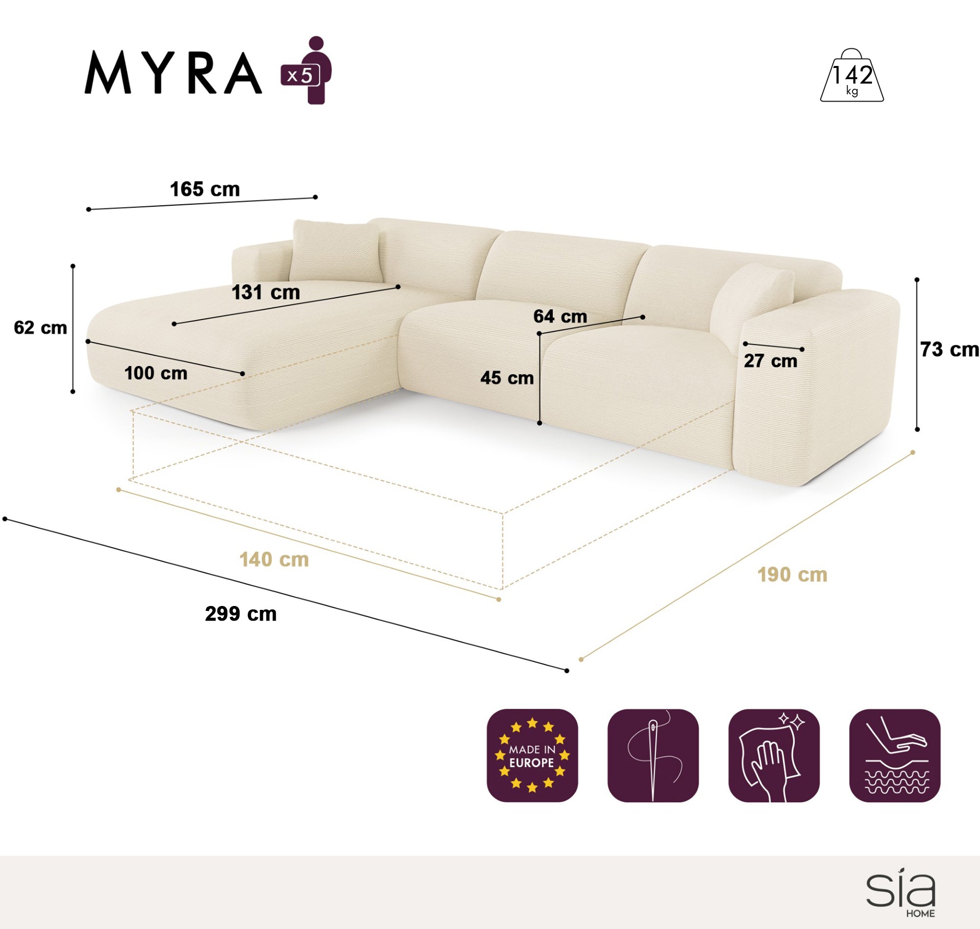 Sia Home Myra canapé convertible angle gauche beige 5 places
