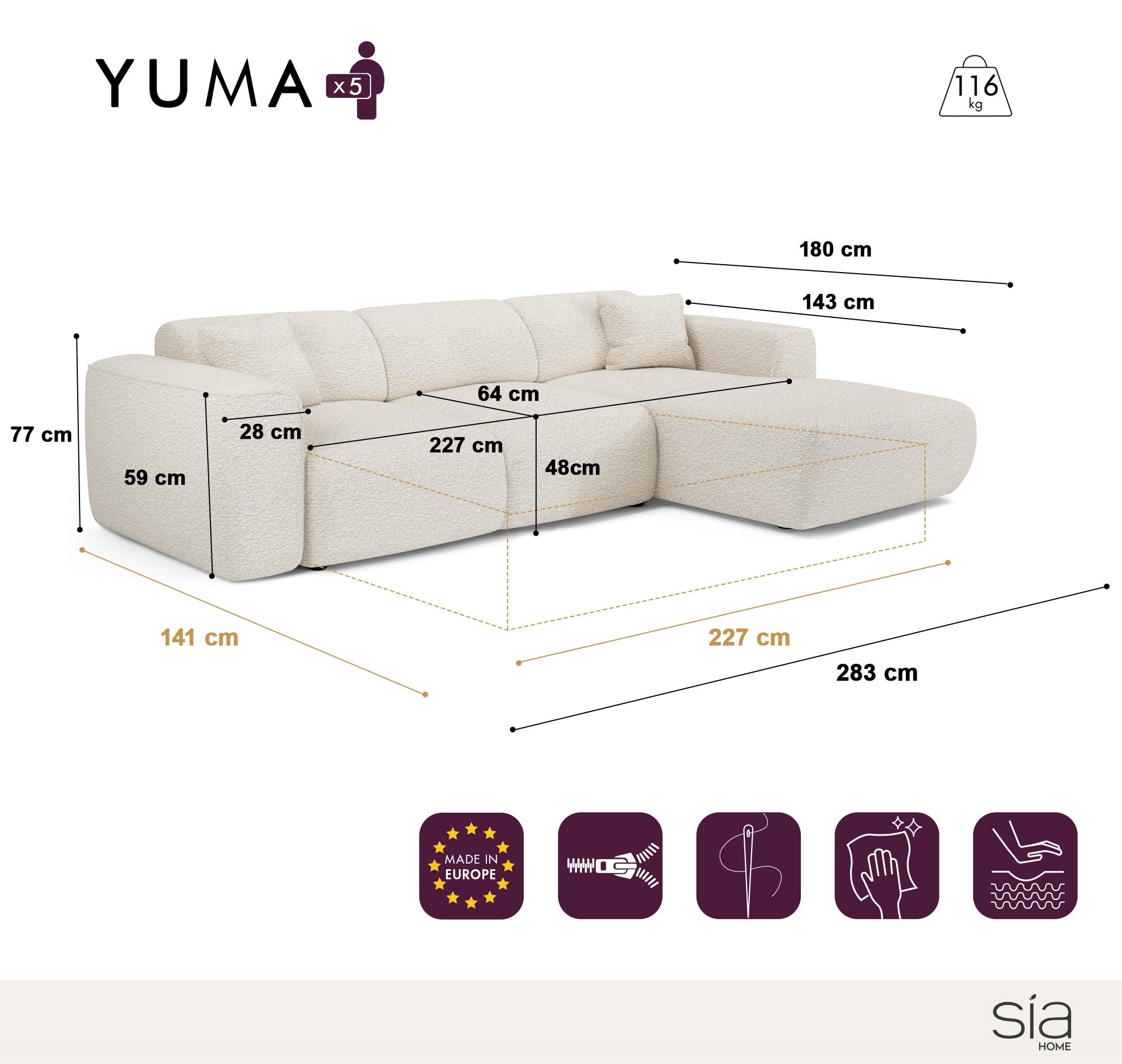 Sia Home Yuma canapé convertible angle droit crème 5 places