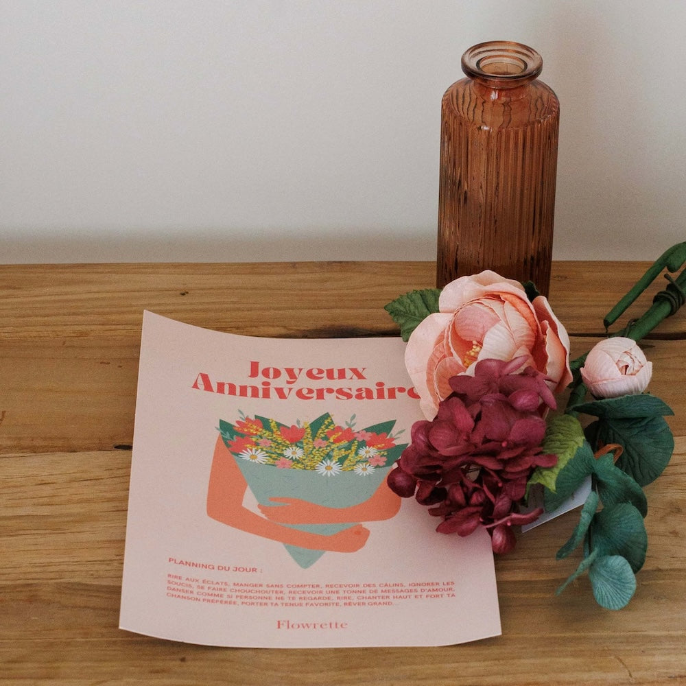 Flowrette Coffret anniversaire bouquet papier vase verre