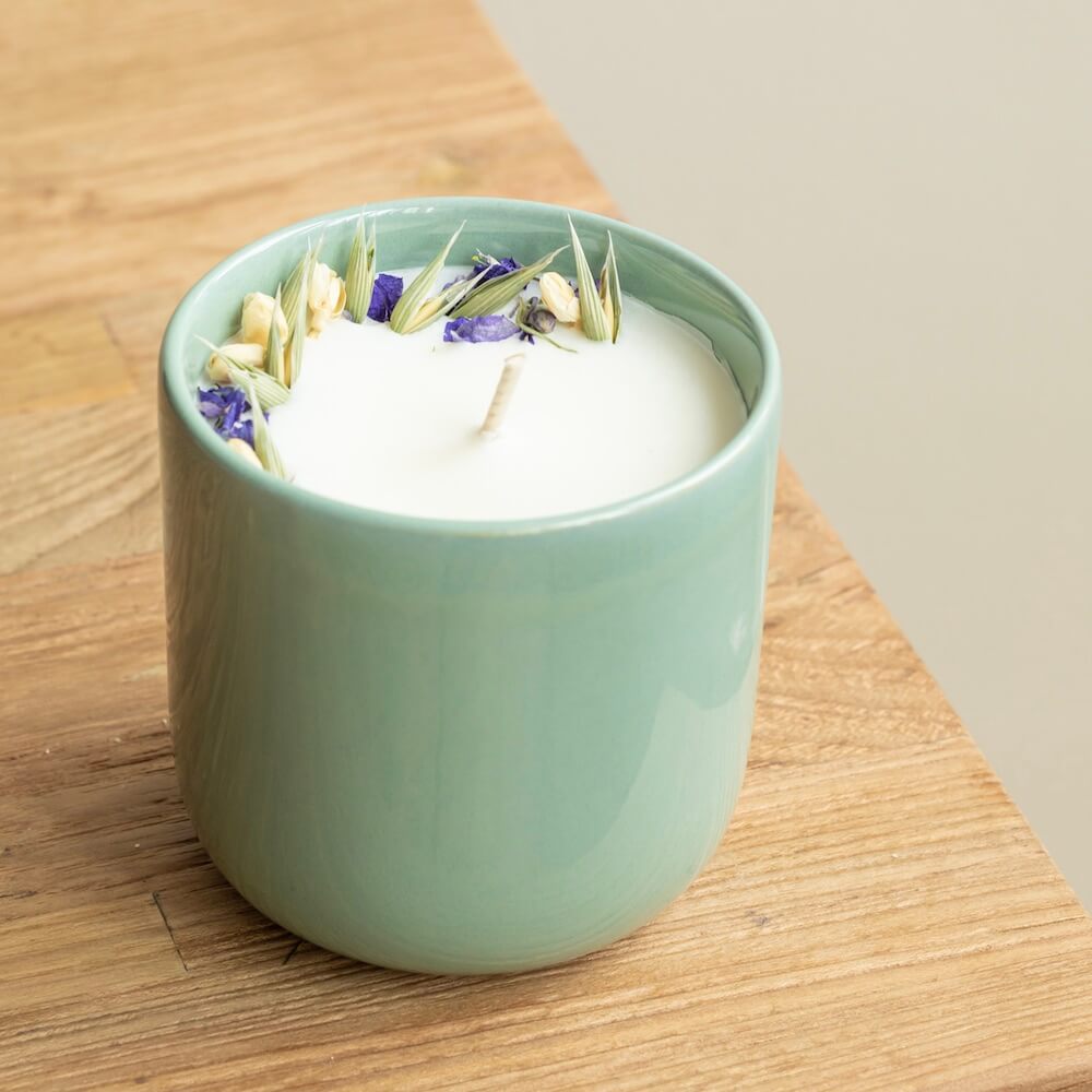 Flowrette Bougie fleurie turquoise 250 ml fleur coton