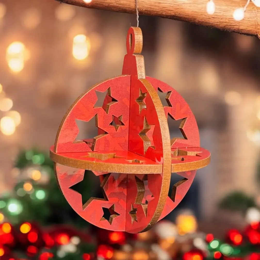 Maison du Sapin Freja boules de Noël bois rouge lot 10