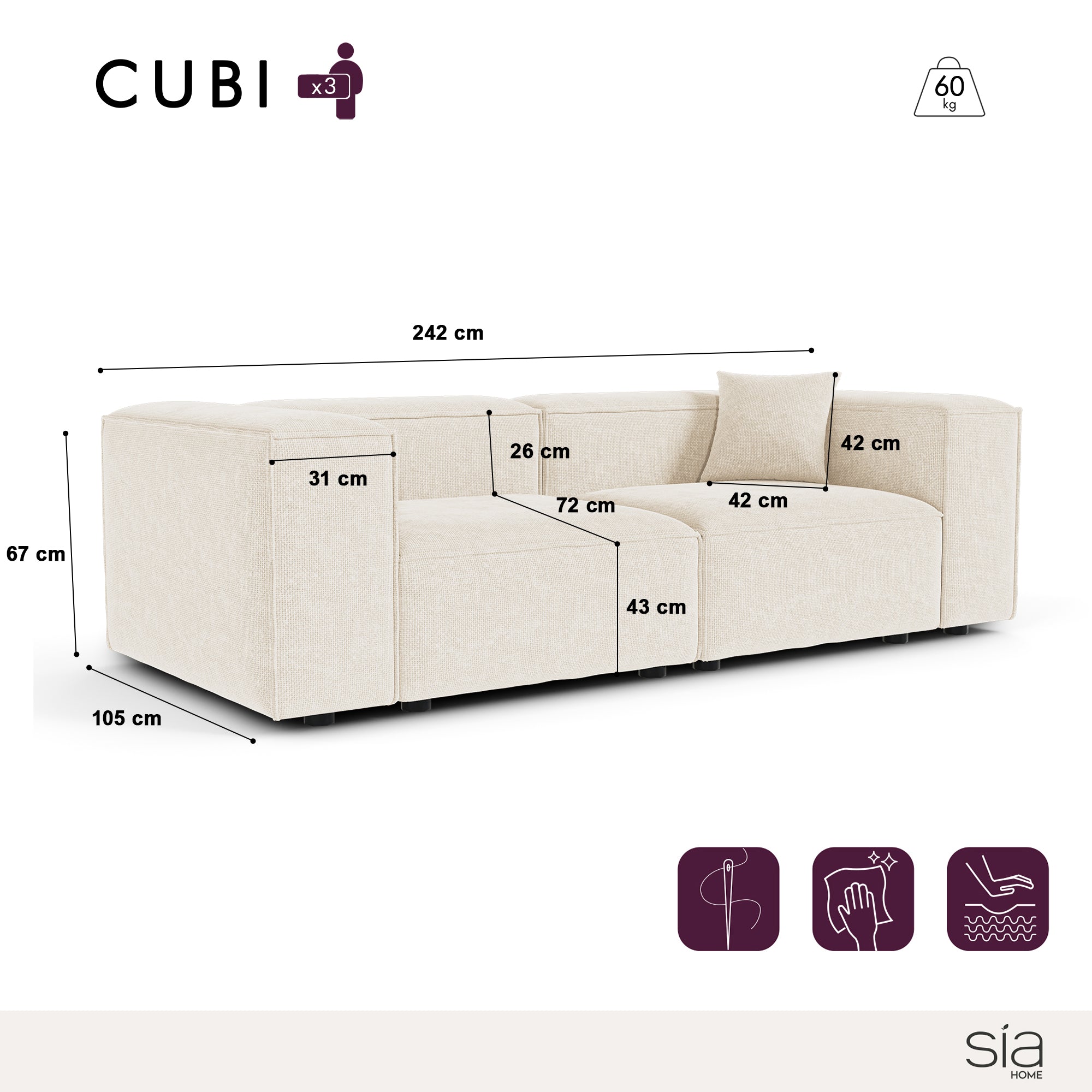 Sia Home Cubi Canapé modulable 242 cm mousse ressorts