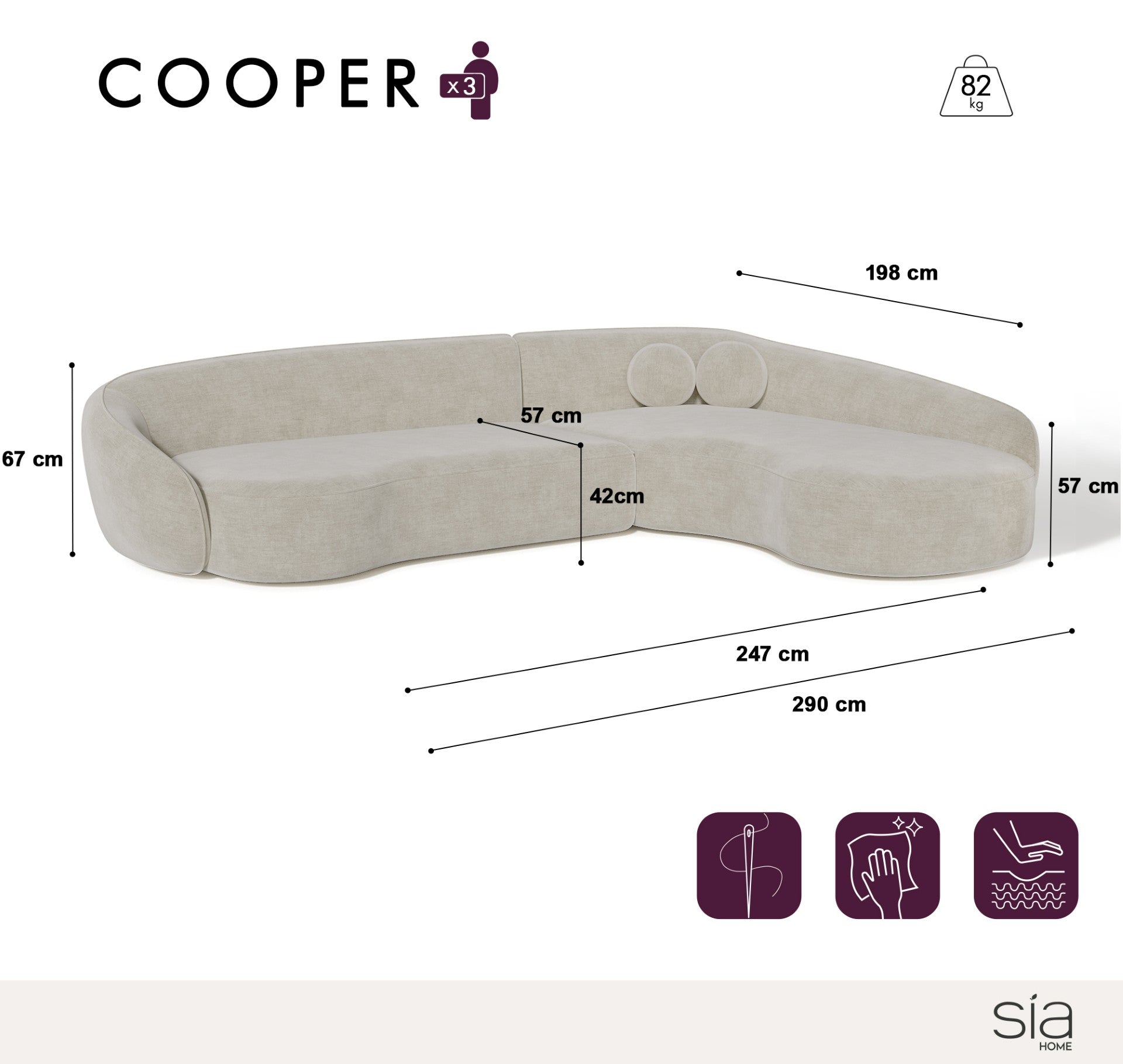 Sia Home Cooper canapé d'angle droit crème spacieux