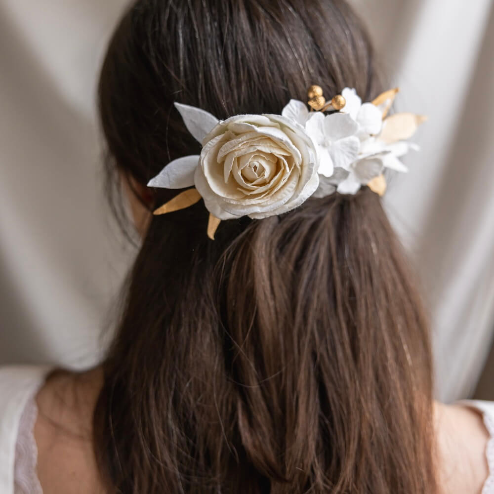 Flowrette Peigne fleurs papier blanc doré rose