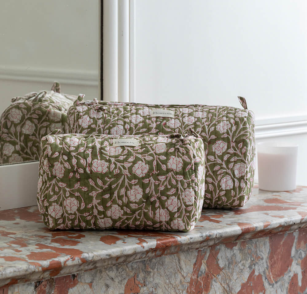Flowrette Morena trousse toilette coton kaki fleurs