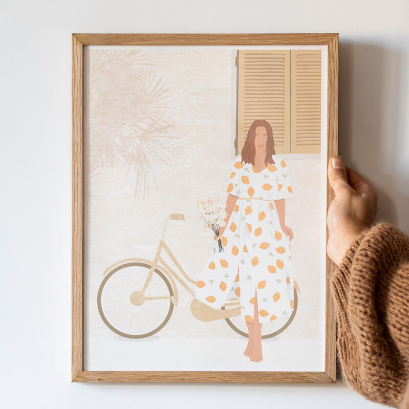 Flowrette Affiche La femme au vélo pastel