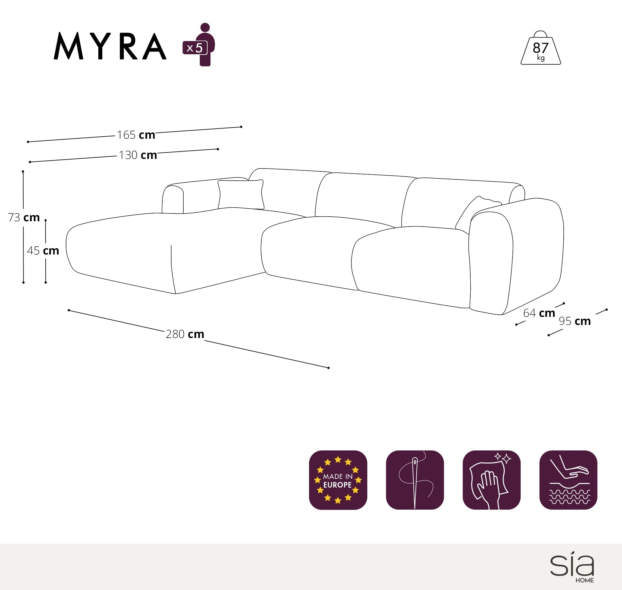 Sia Home Myra grand angle gauche canapé taupe 5 places