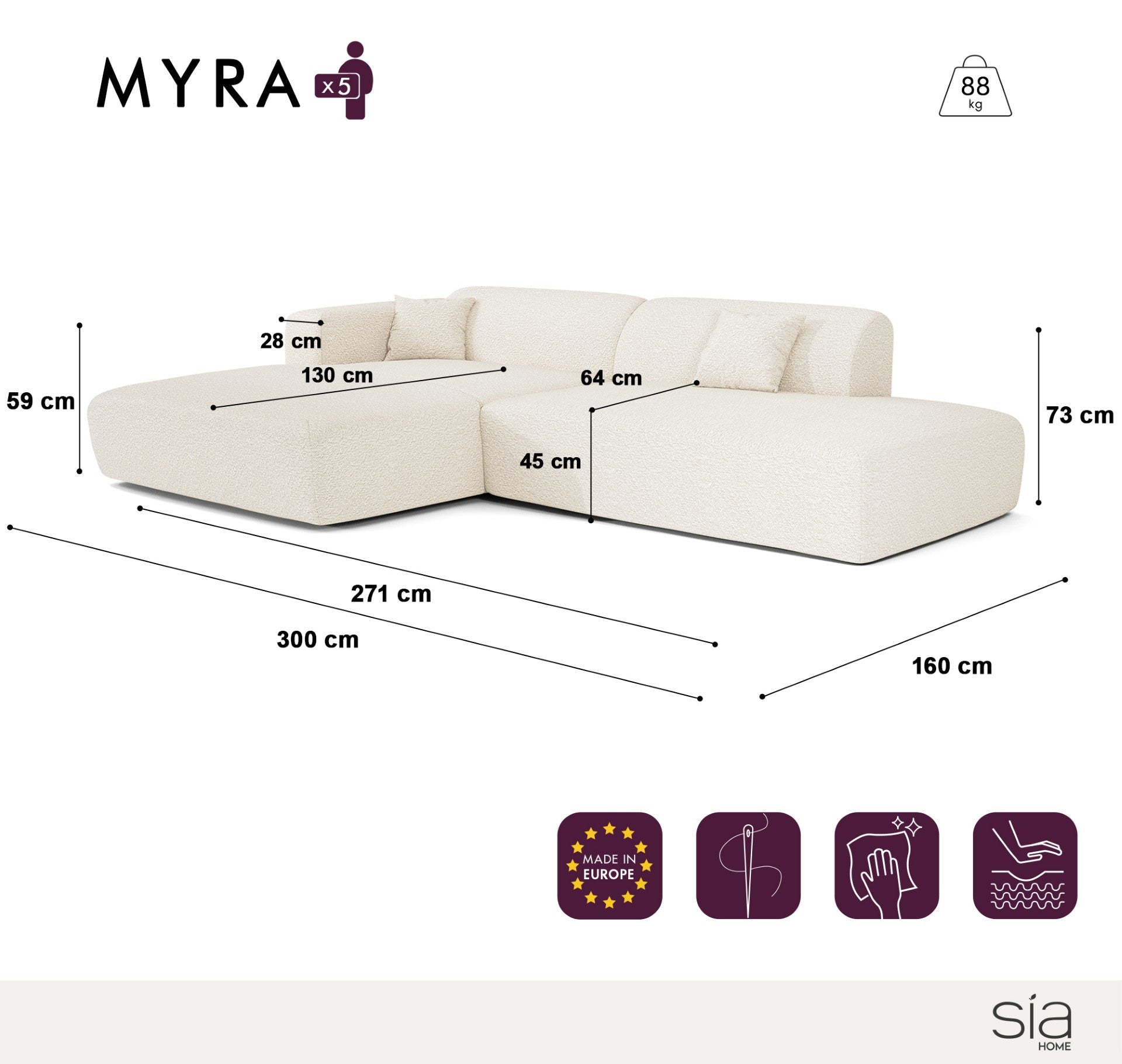 Sia Home Myra canapé angle gauche ouvert crème