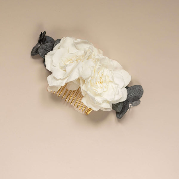 Flowrette Constance peigne cheveux fleurs stabilisées blanc mariage
