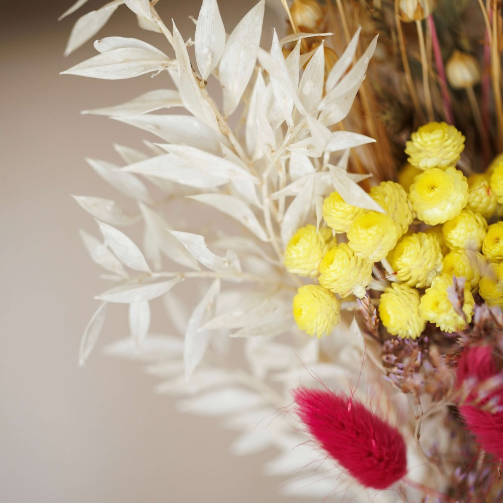 Flowrette Hugo bouquet fleurs séchées automne ruscus blanc