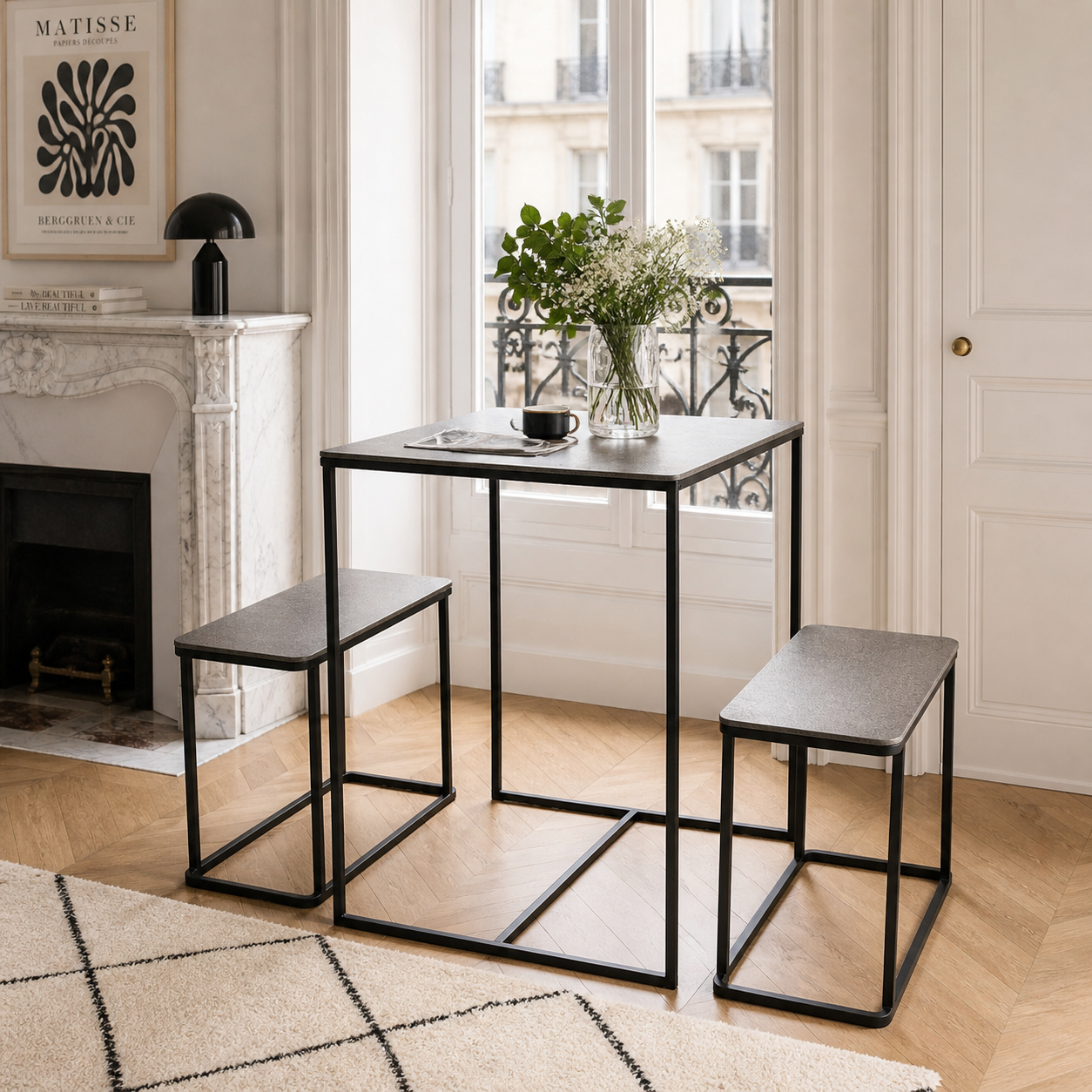 Sia Home Tables Table avec 2 bancs argenté noir