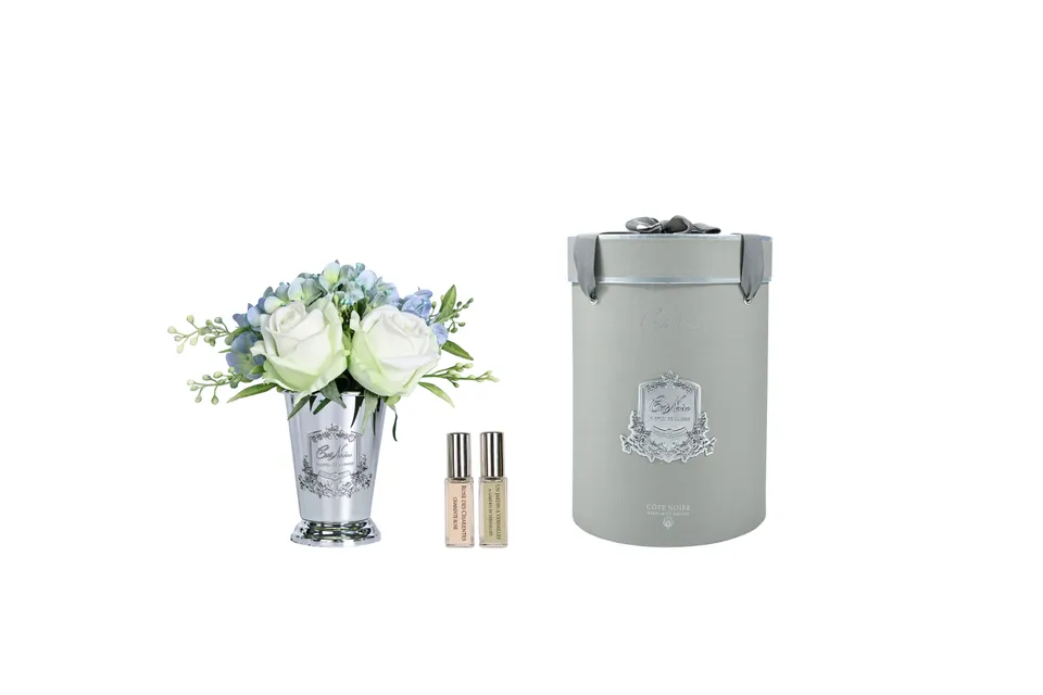 Côte Noire SPS16 posy bleu Summer Roses vase silver