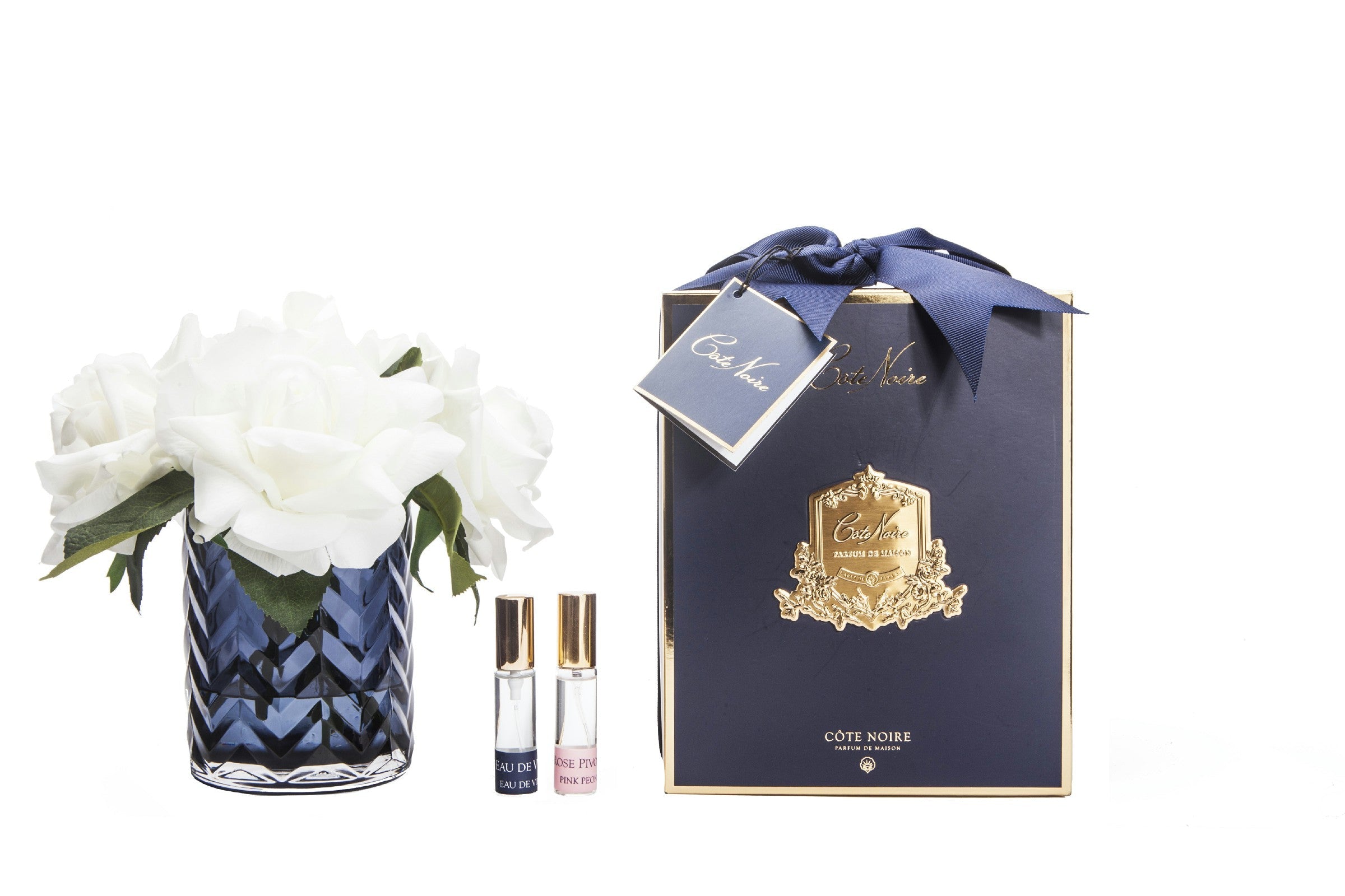 Côte Noire Herringbone fleurs roses blanches HCF04 bleu