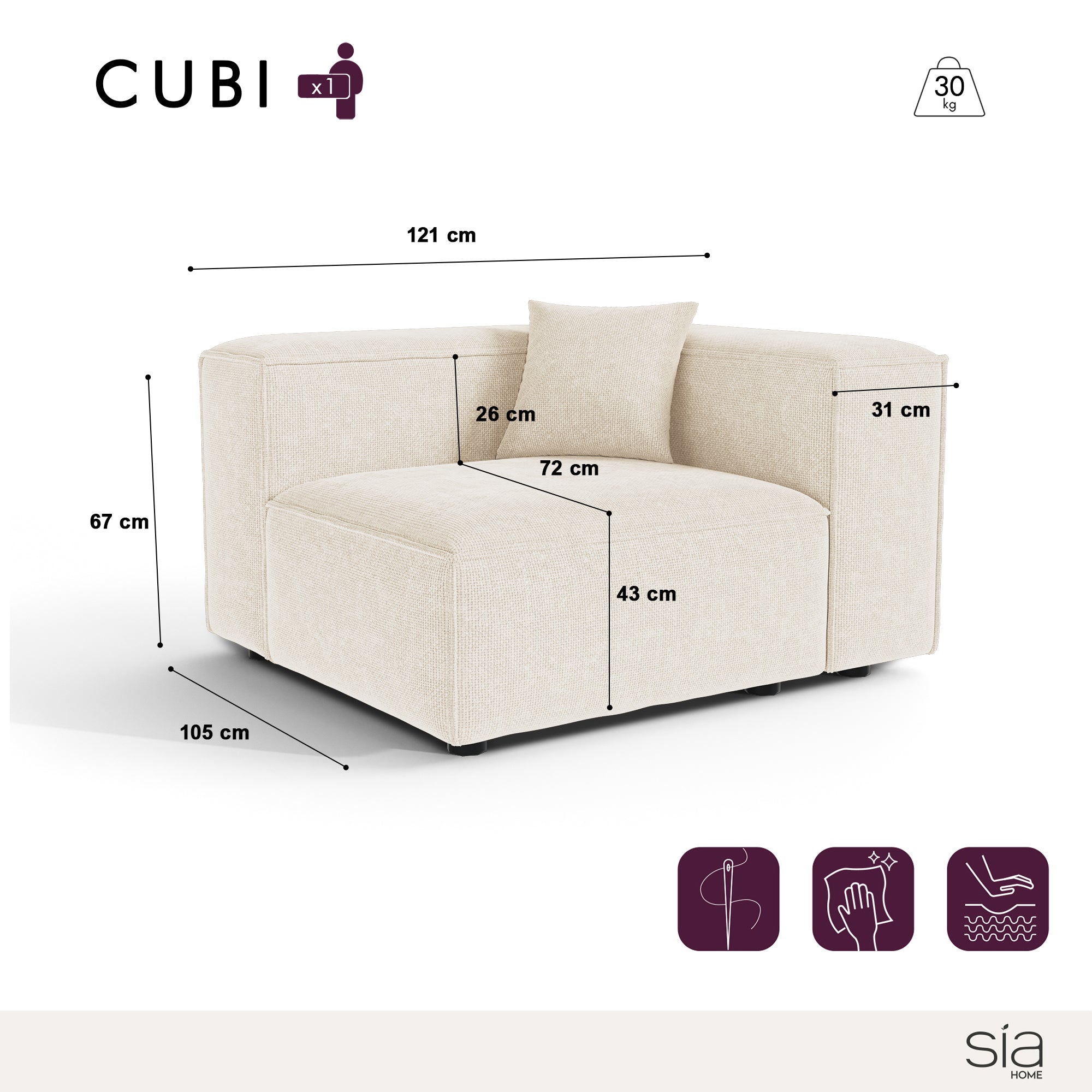 Sia Home Cubi Module d'angle droit canapé crème
