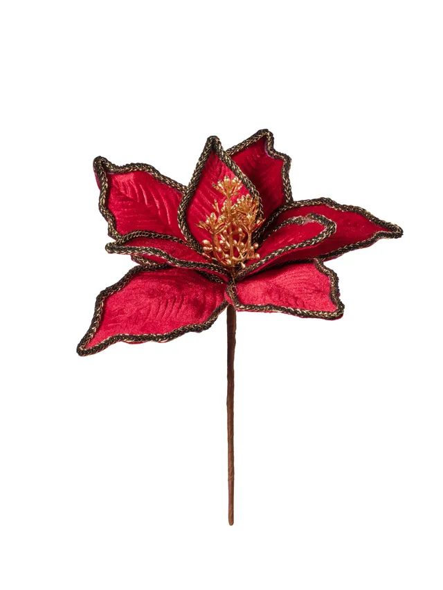 Feuillazur Rungis Poinsettia velours rouge tige 15cm Noël