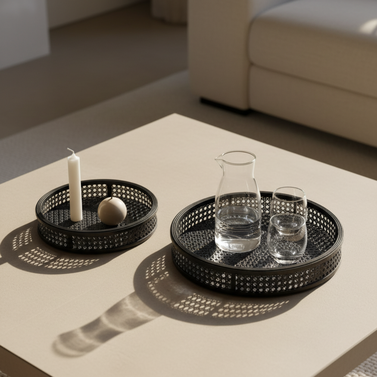 Sia Home Ysia lot 2 plateaux ronds noirs rotin