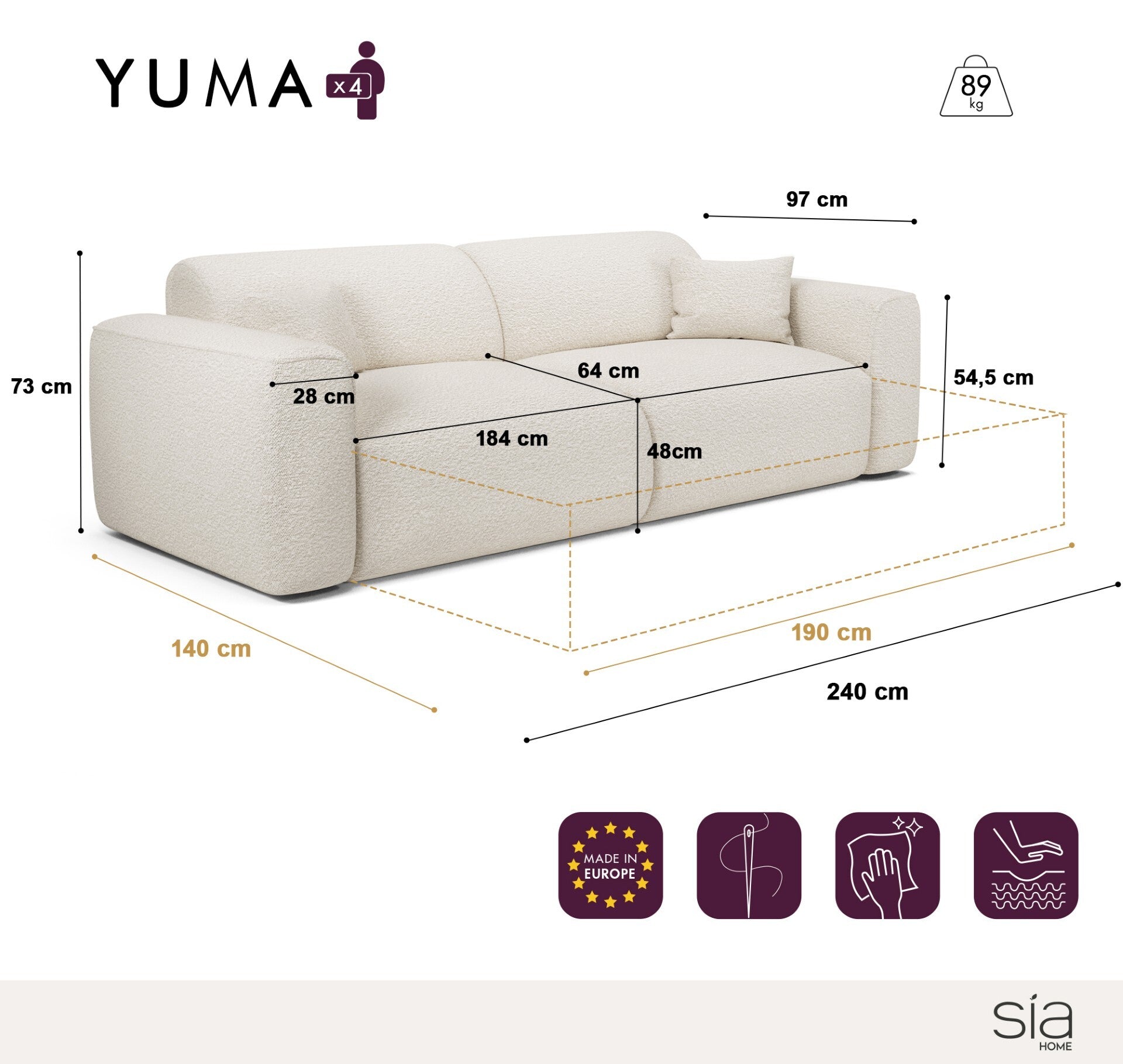 Sia Home Yuma Convertible canapé 4 places crème
