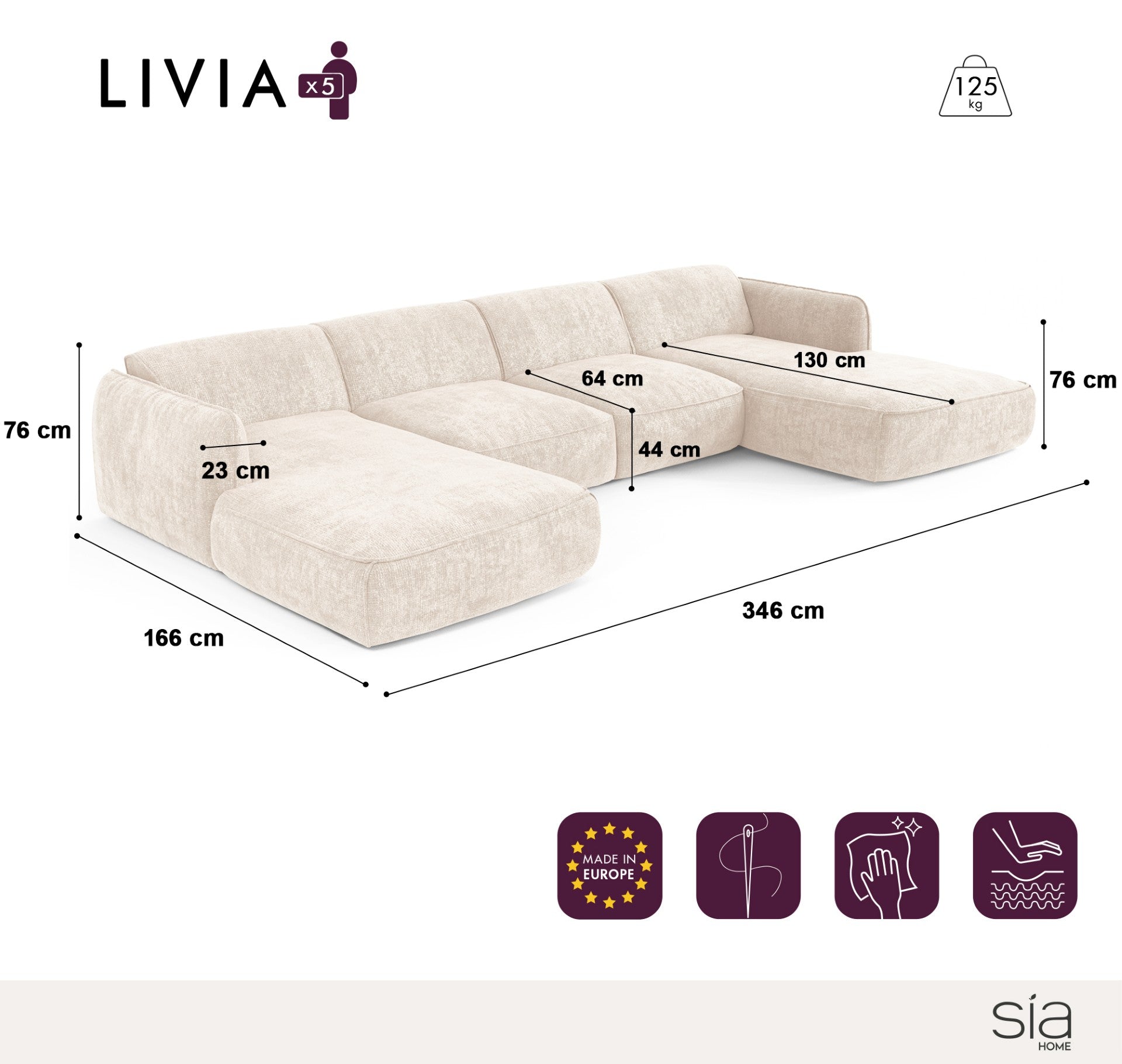 Sia Home Livia canapé panoramique 5 places crème