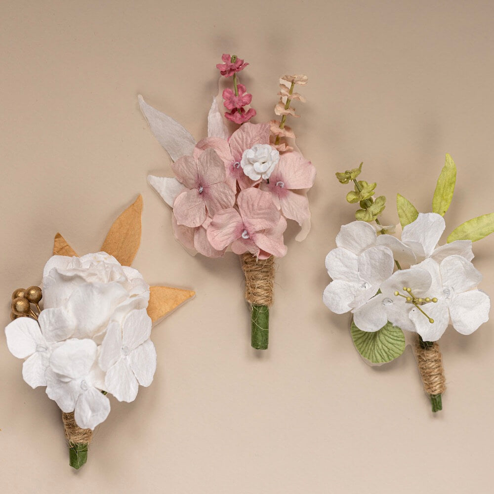 Flowrette Bijoux boutonnière papier blanc doré mariage hortensia