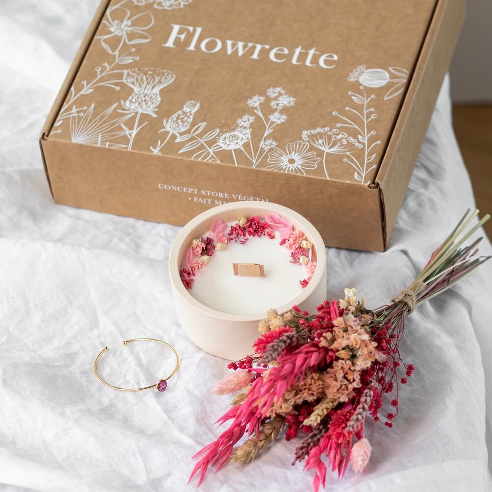 Flowrette Coffret charmant bougie bracelet bouquet fleurs séchées