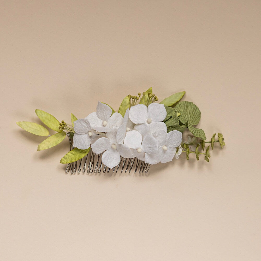 Flowrette Peigne fleurs papier blanc vert mariage
