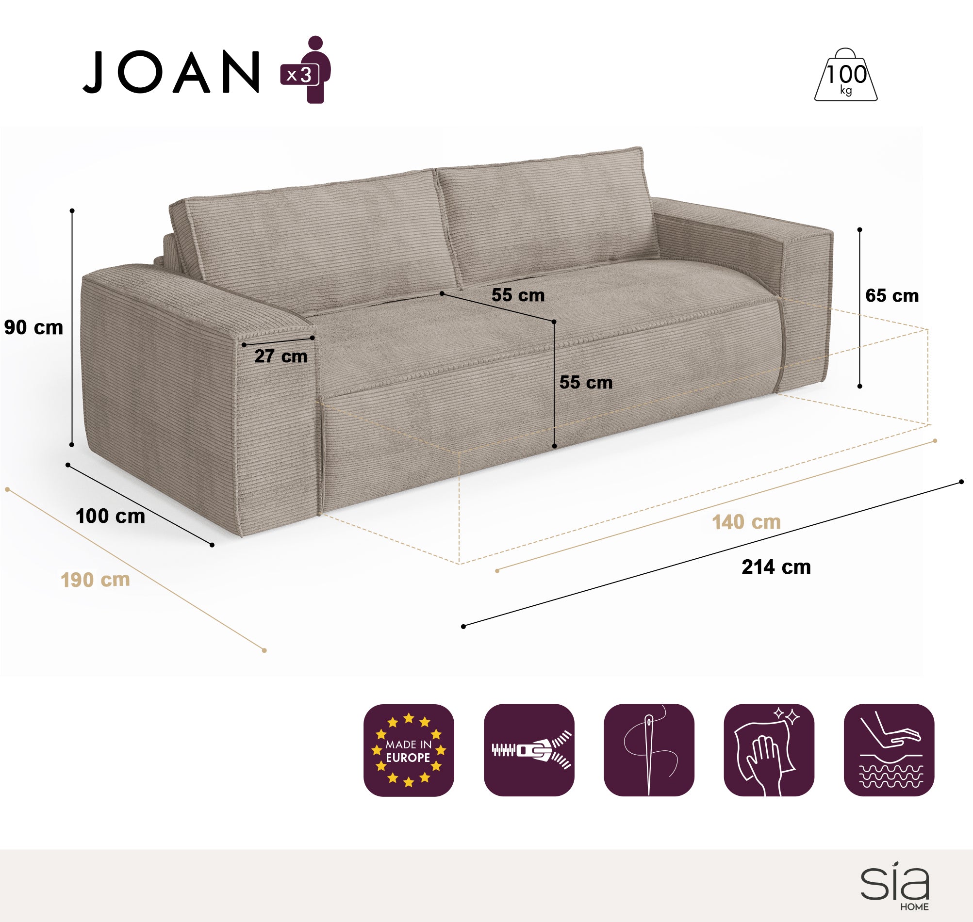Sia Home Canapés Joan canapé convertible crème couchage 140 cm