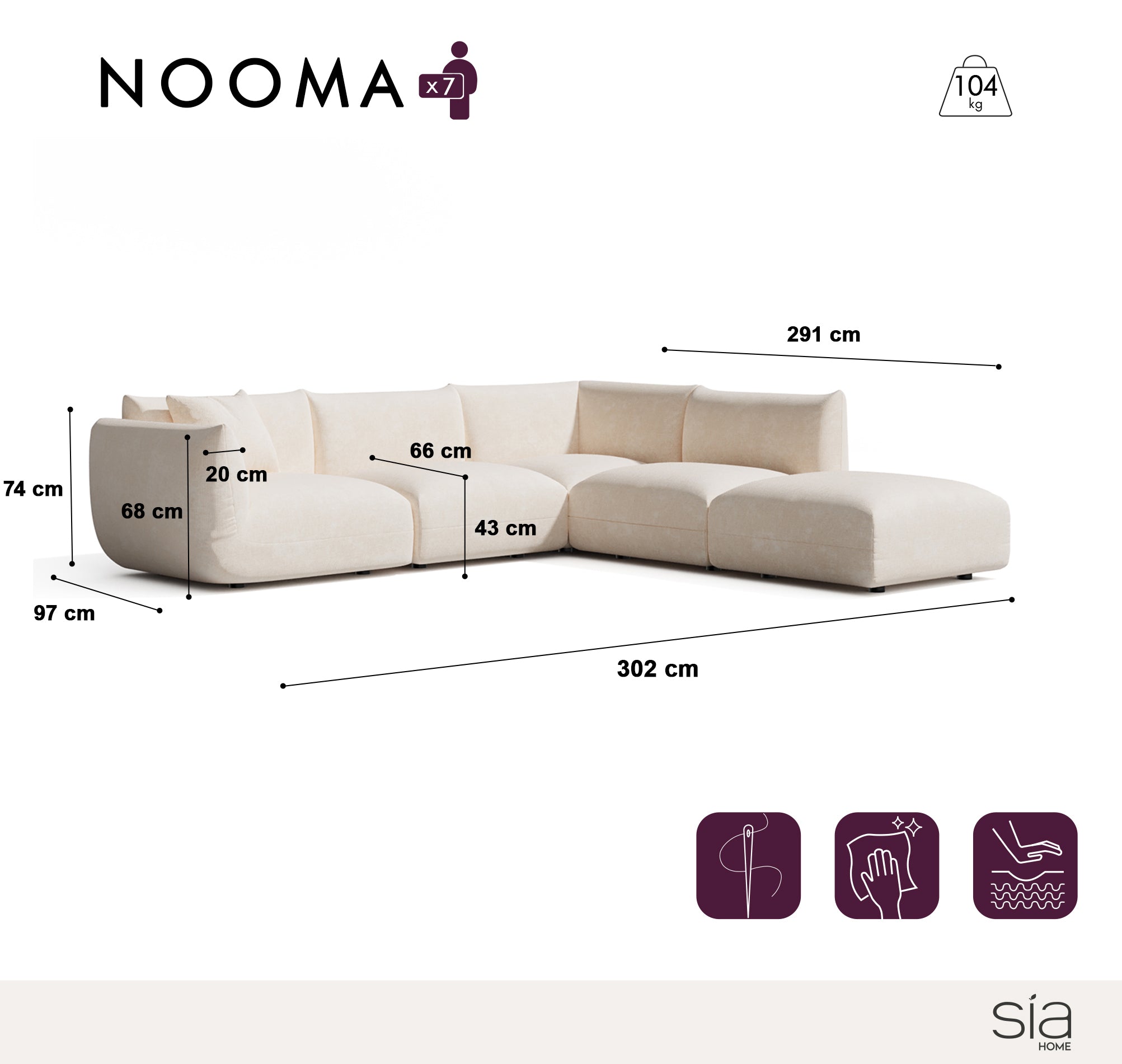 Sia Home Nooma canapé modulable 7 places crème