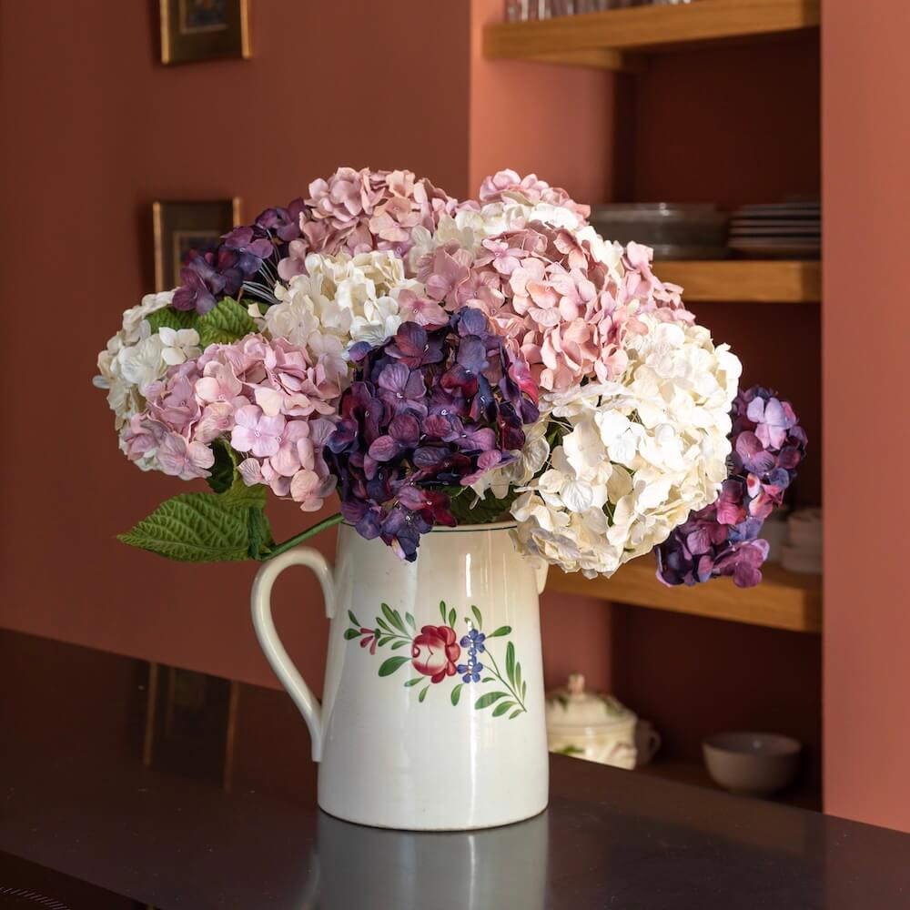 Flowrette Hortensia bouquet fleurs papier violet mauve crème