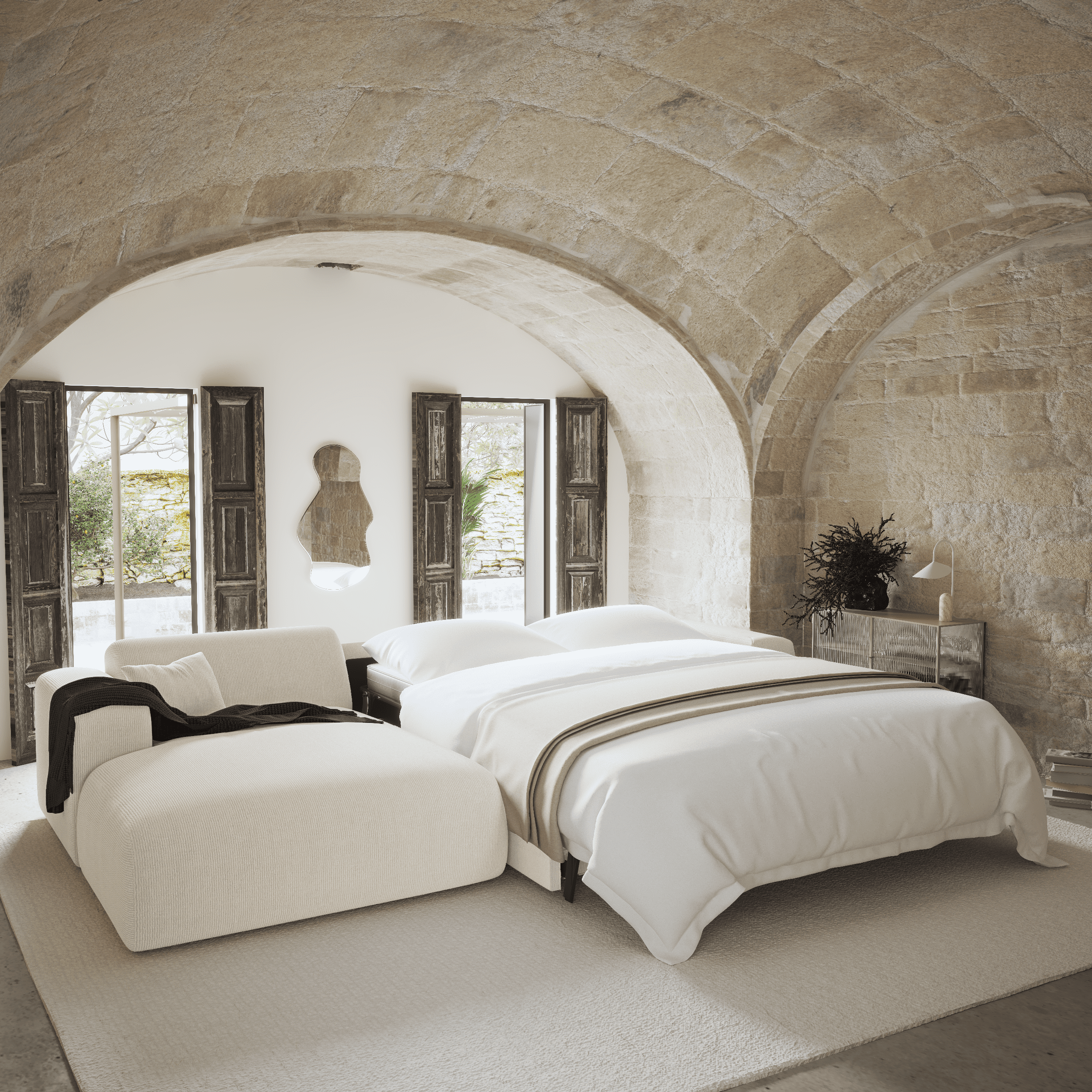 Sia Myra canapé angle gauche convertible crème 5 places