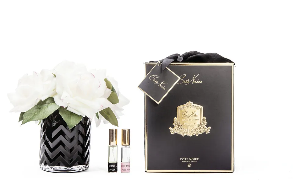 Côte Noire Herringbone HCF01 bouquet parfumé roses blush vase noir
