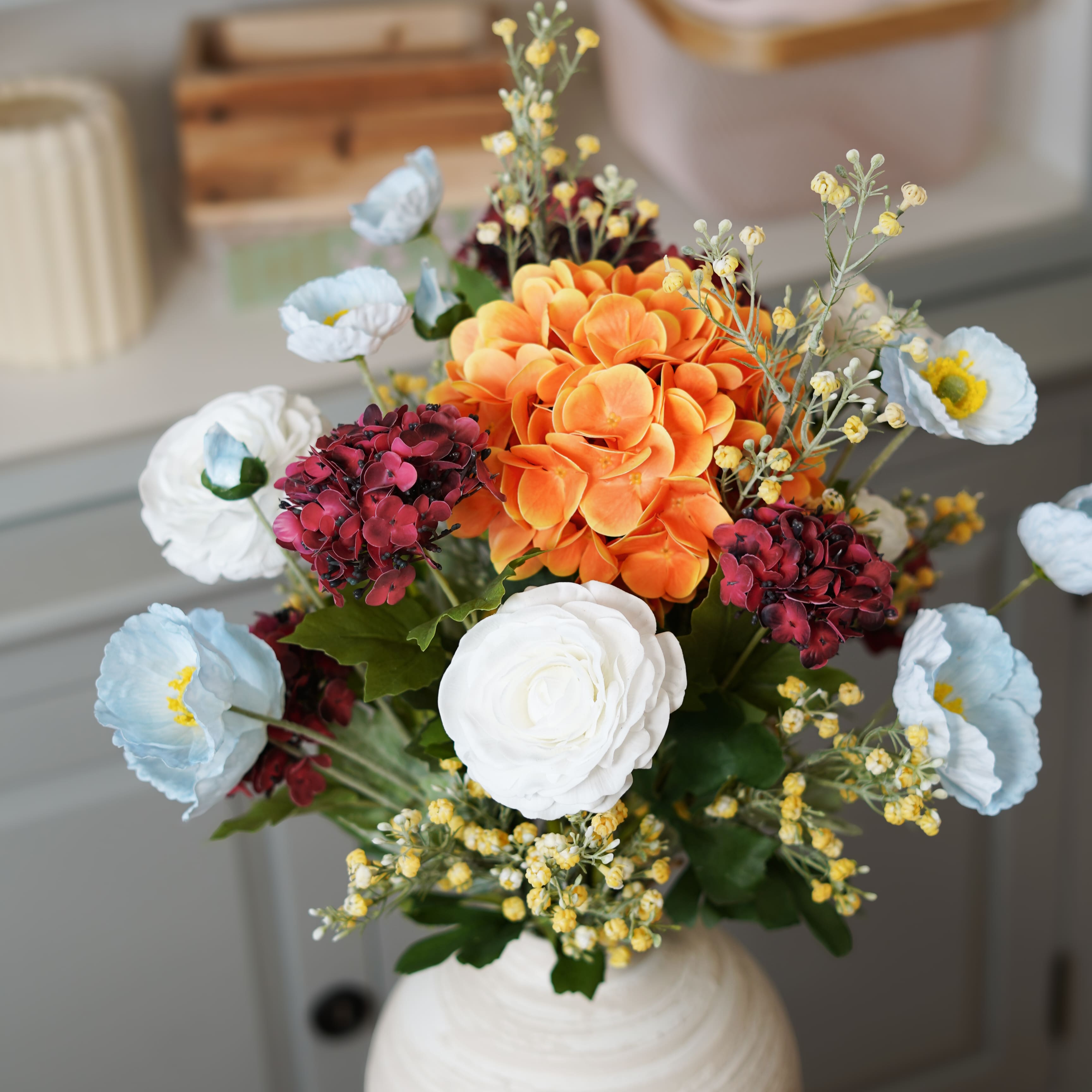 Flowrette Alma bouquet fleurs artificielles orange bordeaux