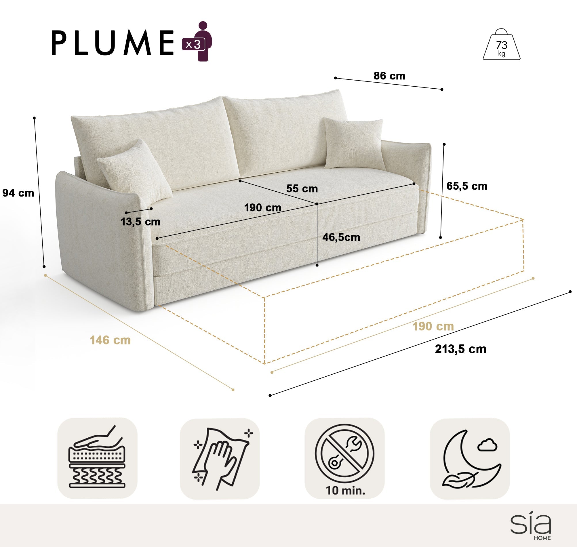 Sia Home Plume canapé convertible 3 places beige