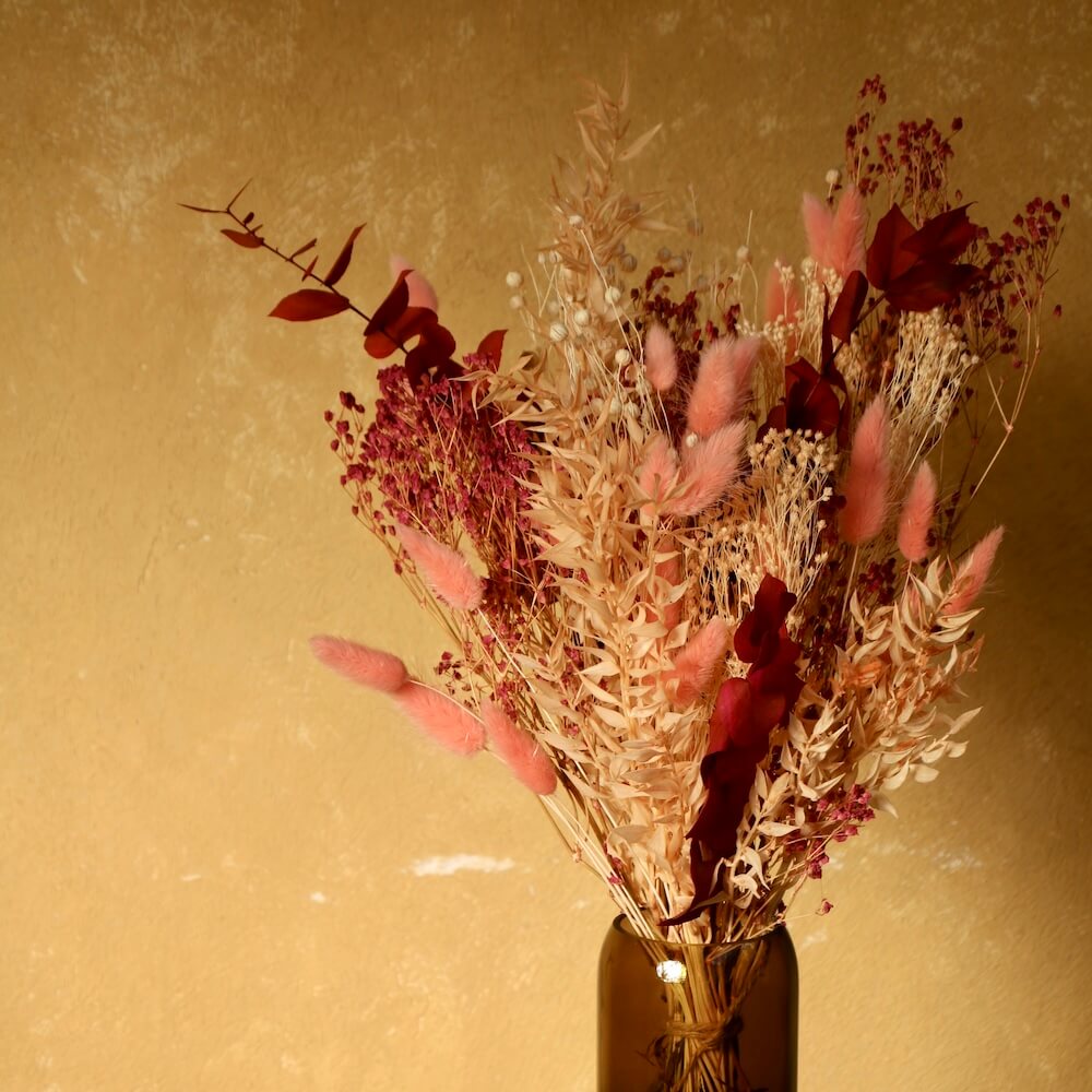 Flowrette Malo bouquet fleurs séchées rubis pêche