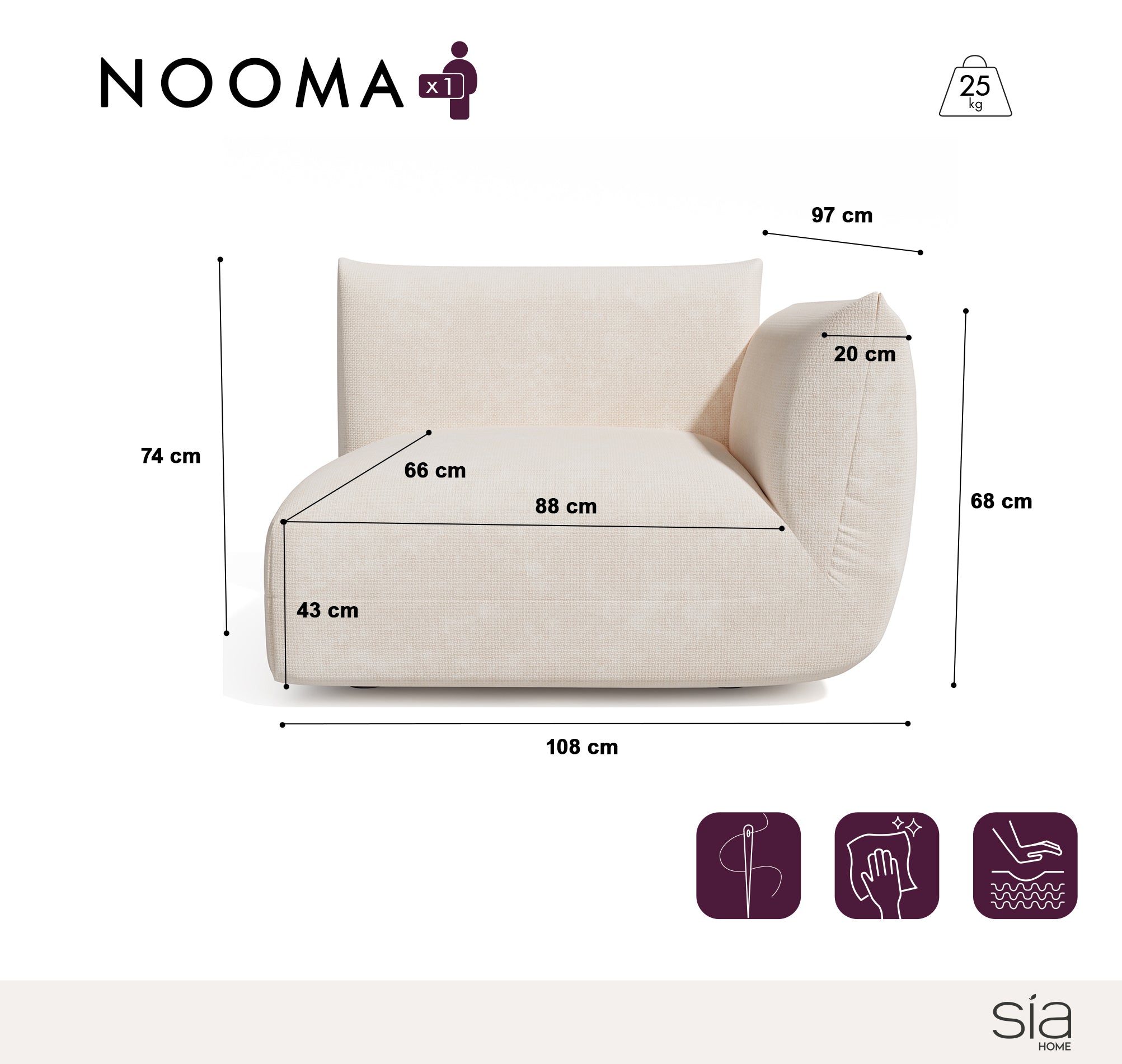 Sia Home Nooma Module Angle Droit canapé crème modulable