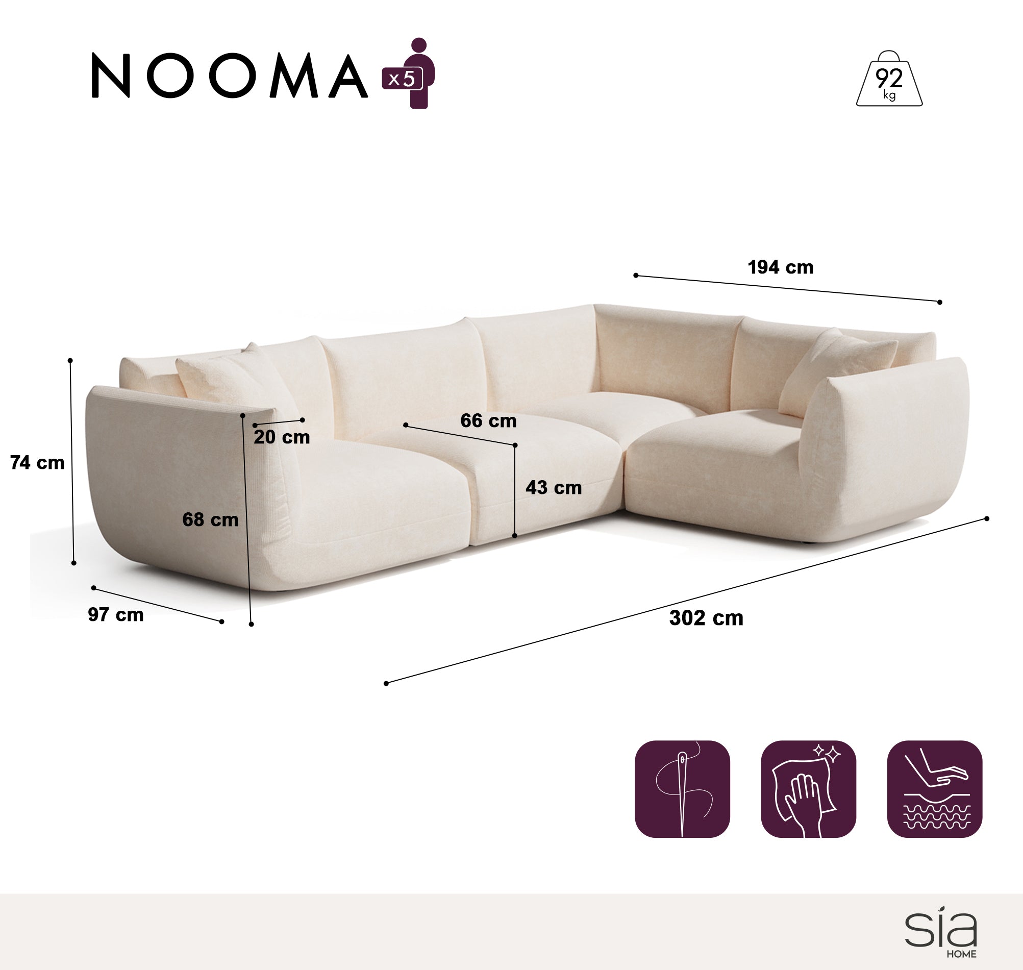 Sia Home Nooma canapé d'angle droit 5-6 places modulable