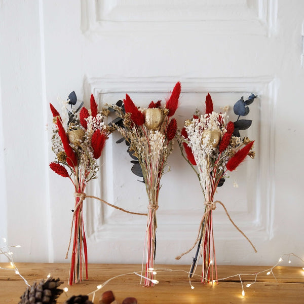 Flowrette Petits bouquets Noël x3 fleurs séchées rouge vert doré